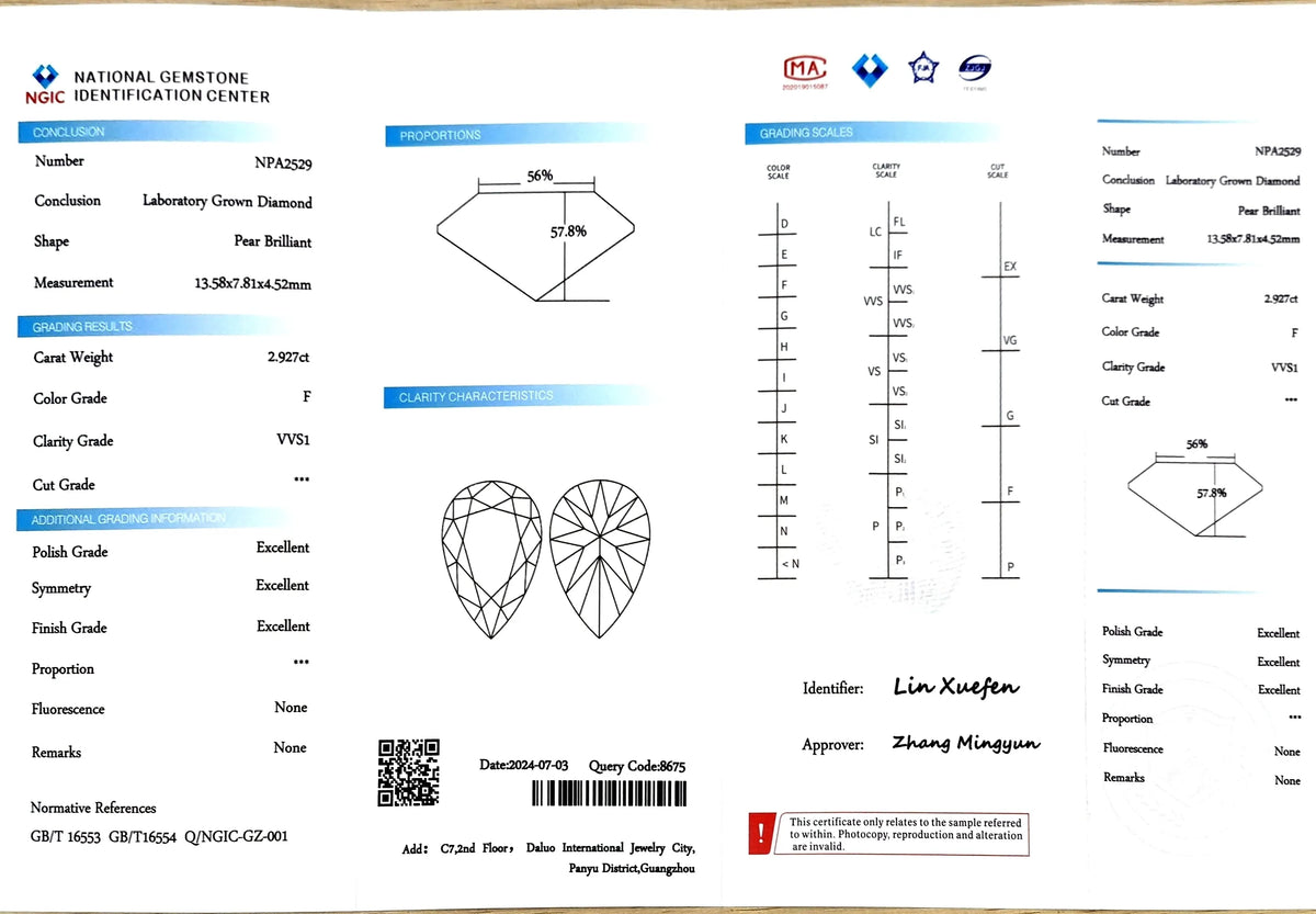 2.927ct Pear Lab Diamond - F Color VVS1 | Doveggs Certified