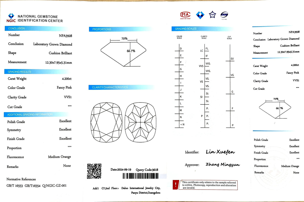 4.200ct Cushion Cut Lab Diamond - Fancy Pink VVS1 | Doveggs Certified