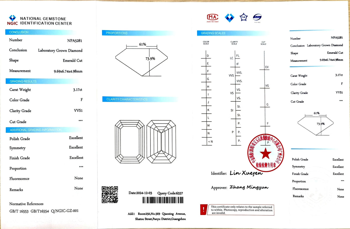 3.17ct Emerald Cut Lab Diamond - F Color VVS1 | Doveggs Certified