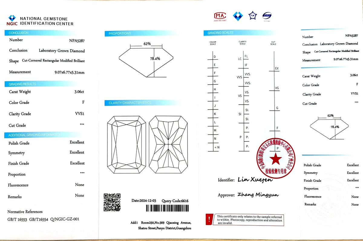 3.06ct Radiant Cut Lab Diamond - F color VVS1 | Doveggs Certified