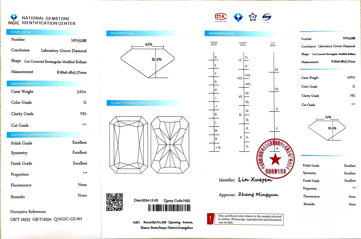3.07ct Radiant Cut Lab Diamond - G Color VS1 | Doveggs Certified