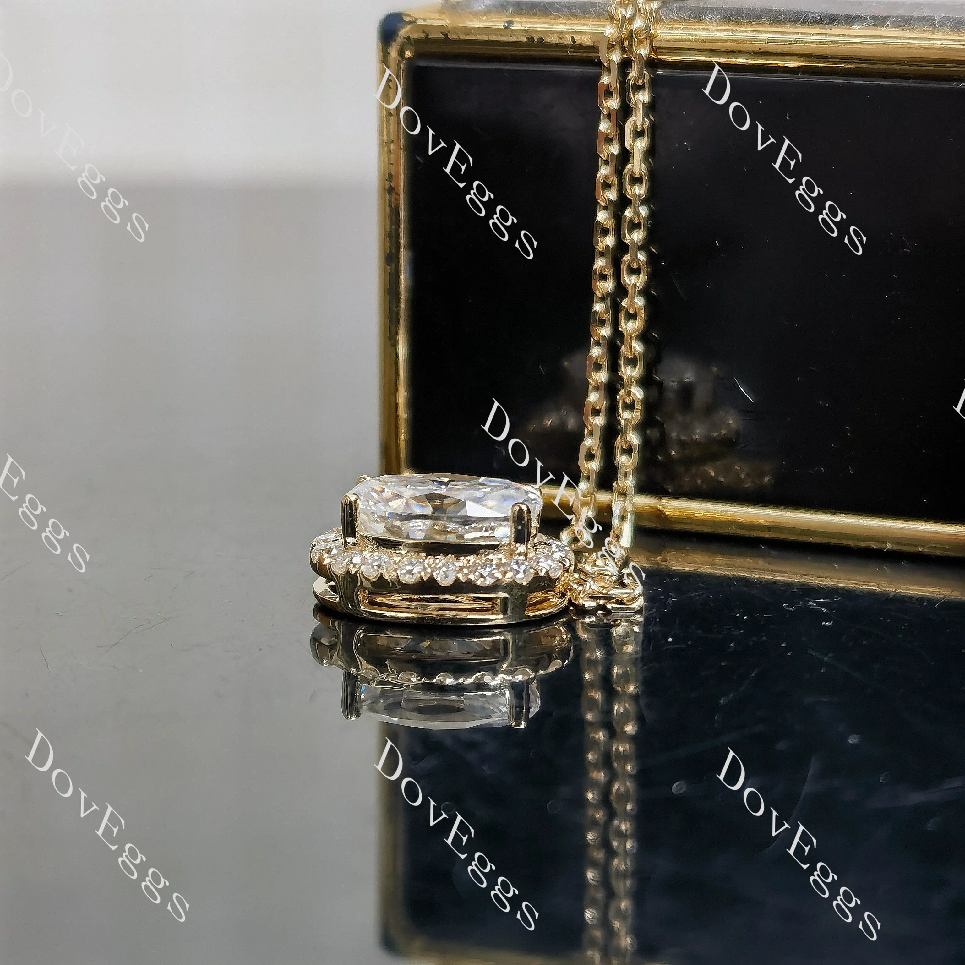 Oval halo moissanite pendant necklace (with 18' length chain)| DovEggs