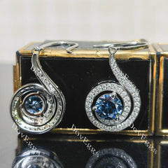 Round loopback art deco pave halo twilight blue moissnaite earrings| Doveggs