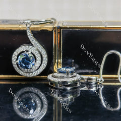 Round loopback art deco pave halo twilight blue moissnaite earrings| Doveggs