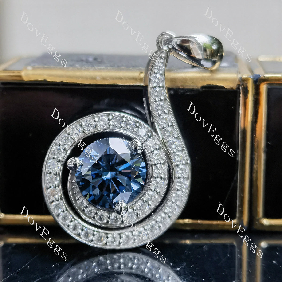 Round loopback art deco pave halo twilight blue moissnaite pendant necklace (pendant only)| Doveggs