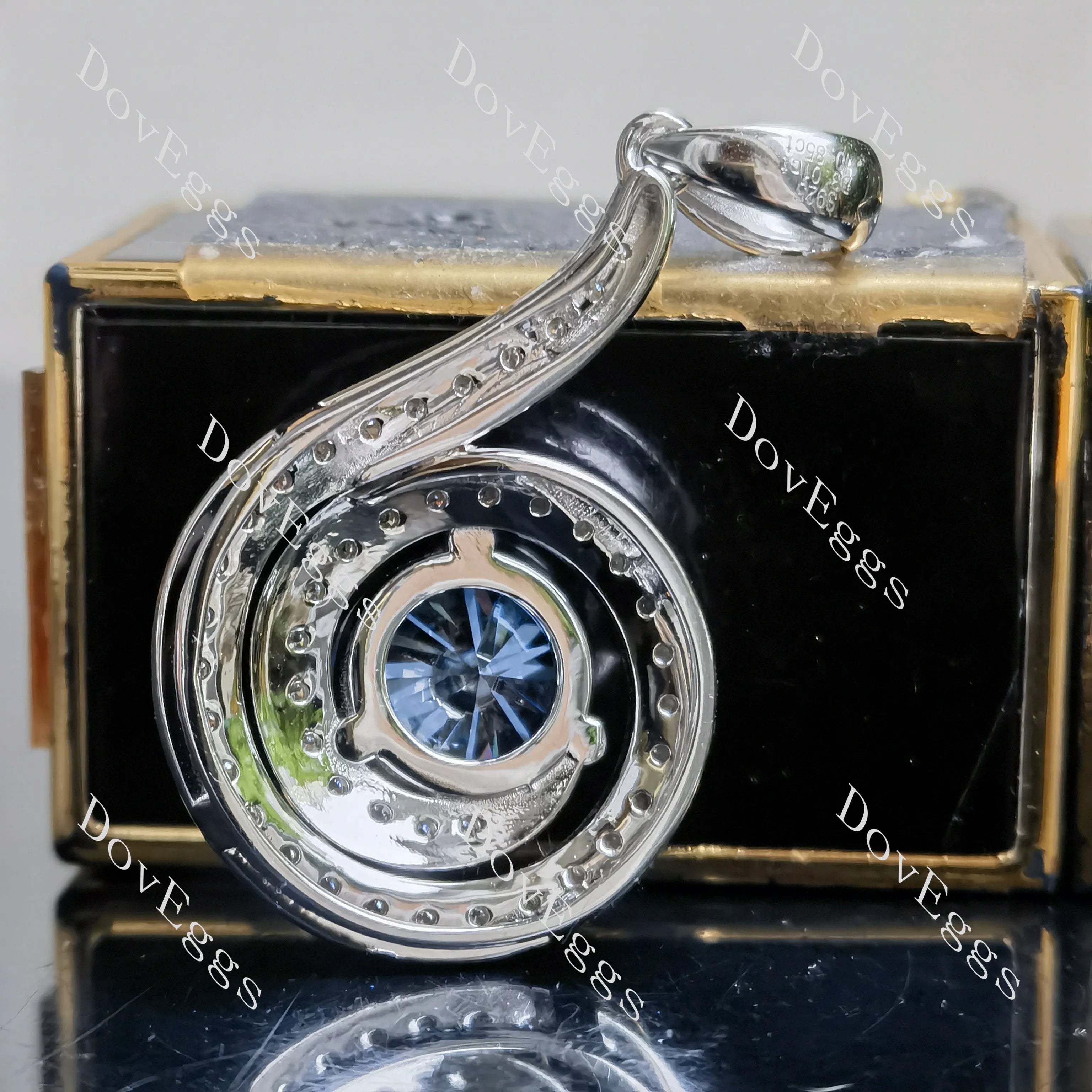 Round loopback art deco pave halo twilight blue moissnaite pendant necklace (pendant only)| Doveggs