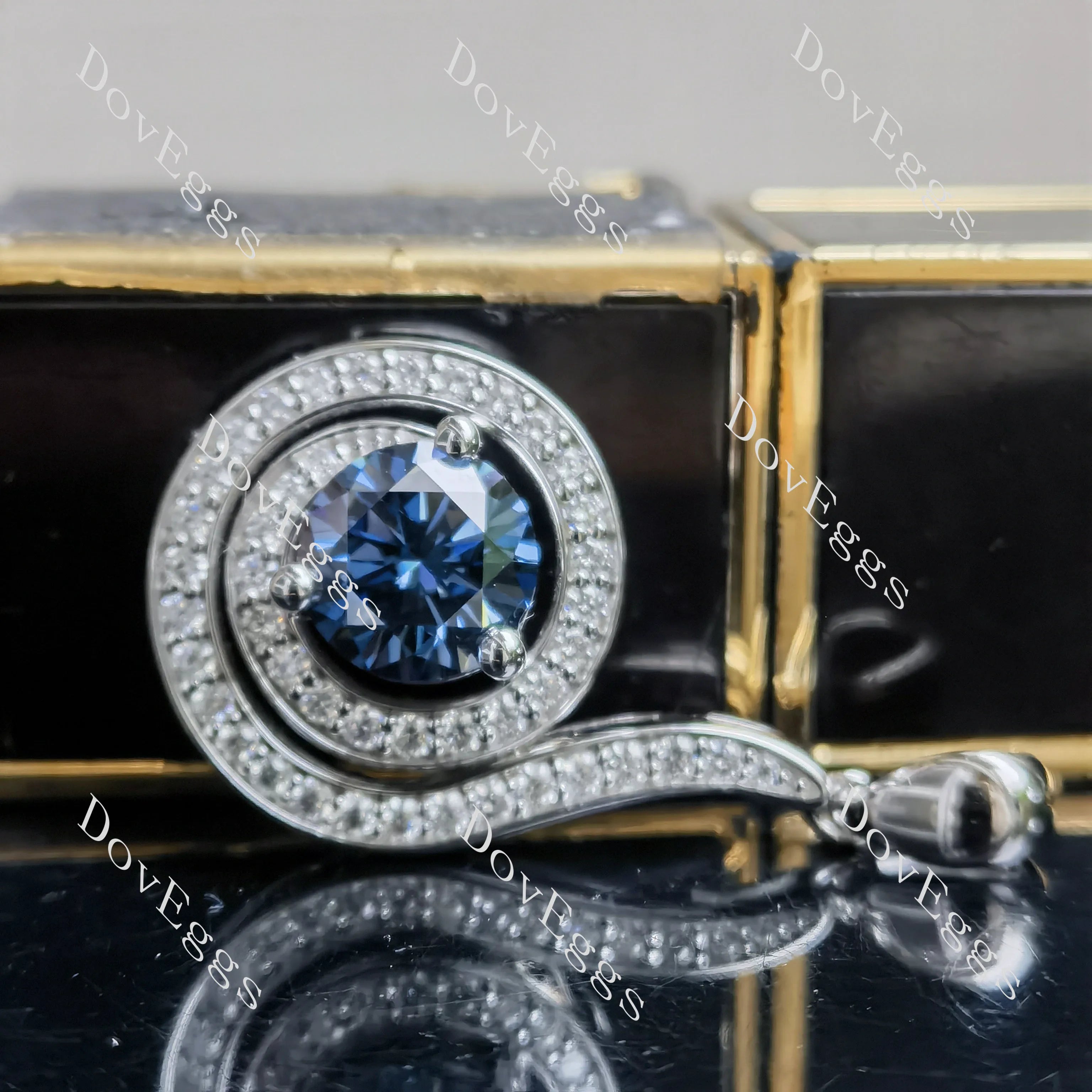 Round loopback art deco pave halo twilight blue moissnaite pendant necklace (pendant only)| Doveggs