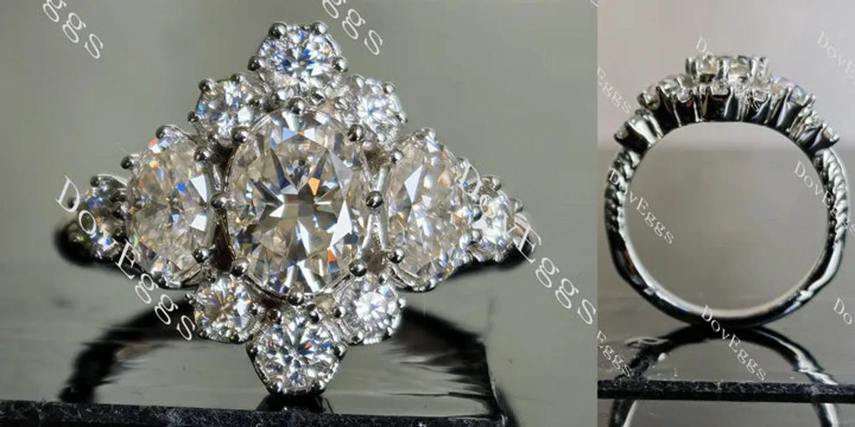 Oval side stones vintage moissanite engagement ring| Doveggs