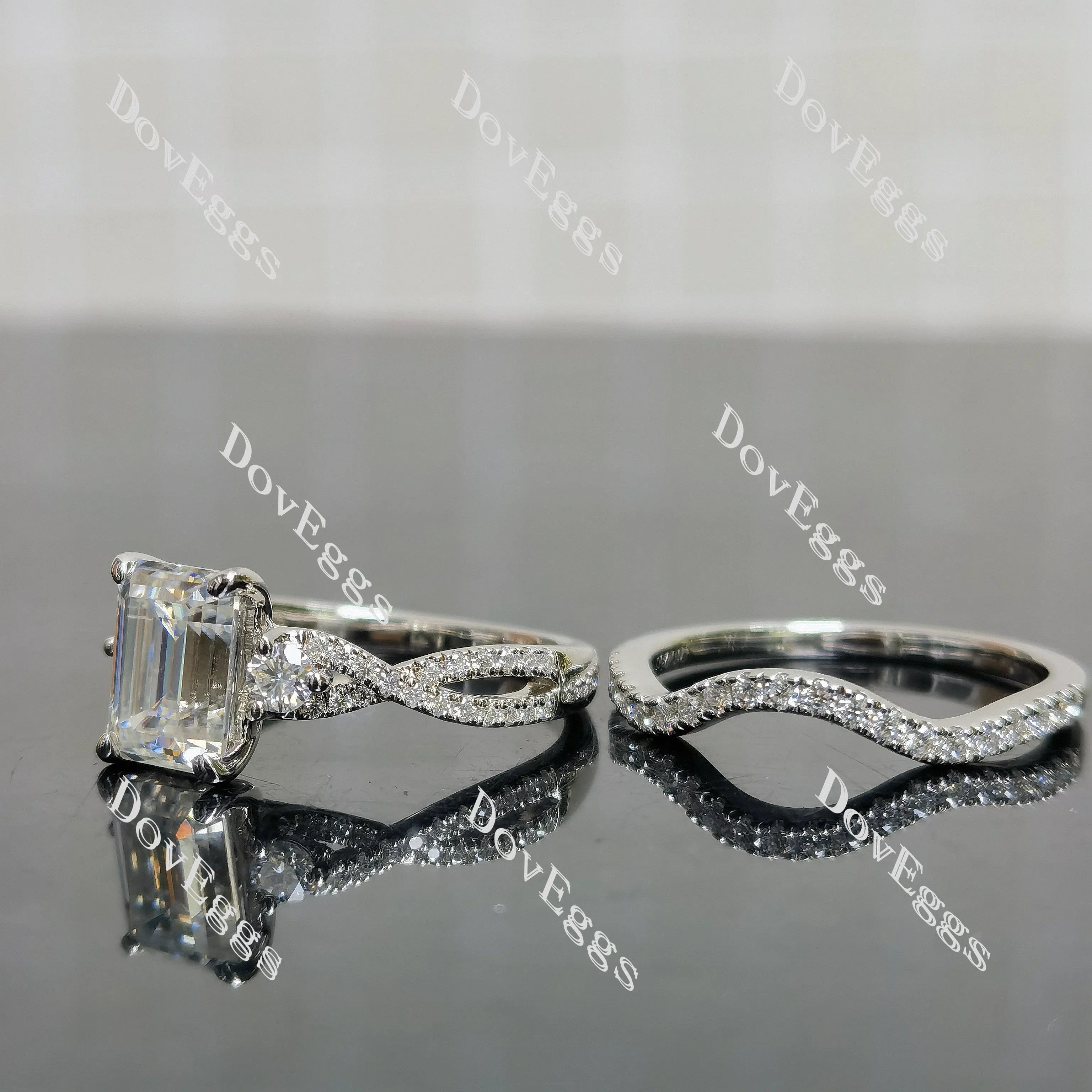 (size 7) Doveggs sterling silver 2ct GHI color Emerald engagement ring set（2rings）