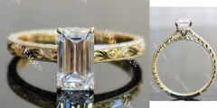 Emerald carved hidden halo moissanite engagement ring| DovEggs