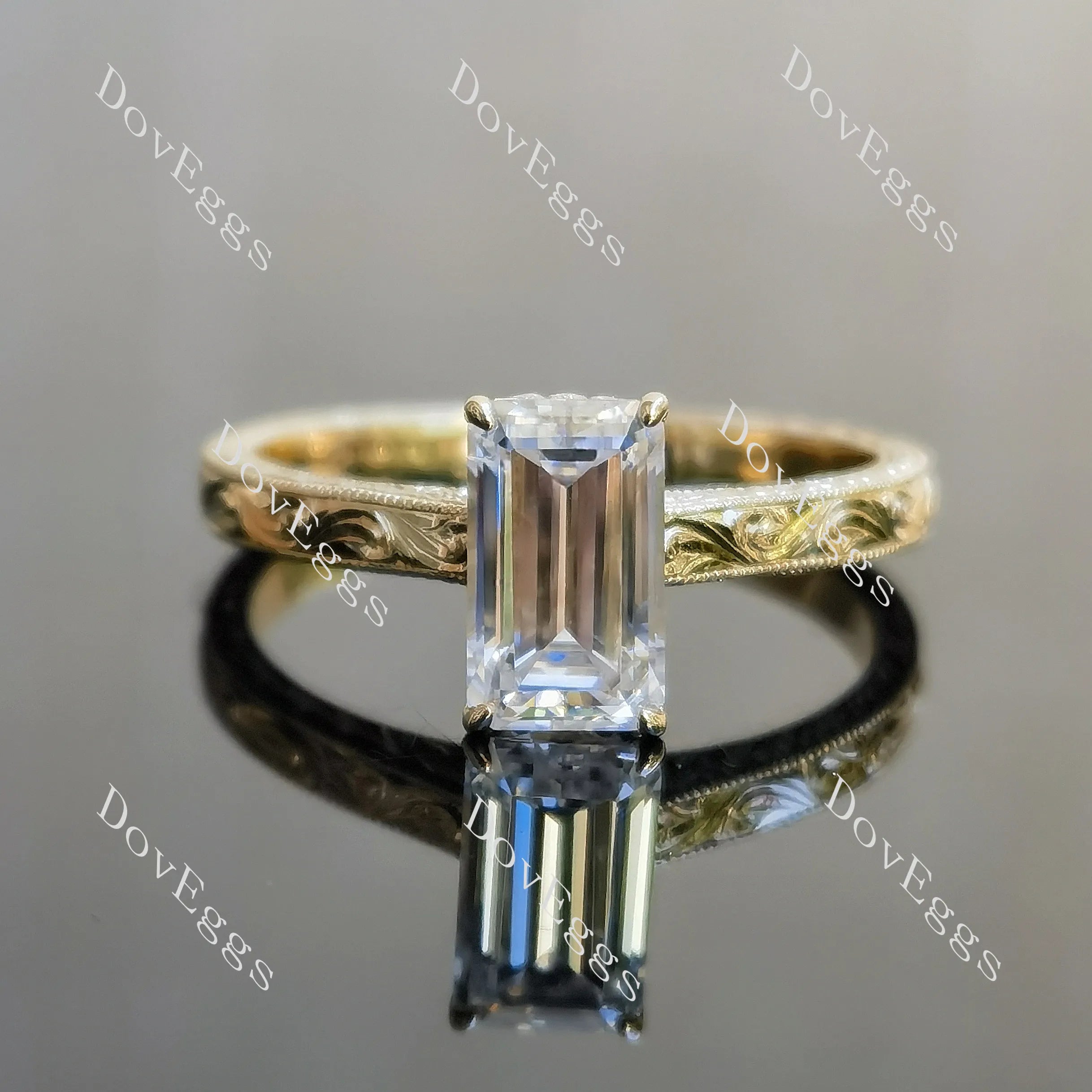 Emerald carved hidden halo moissanite engagement ring| DovEggs