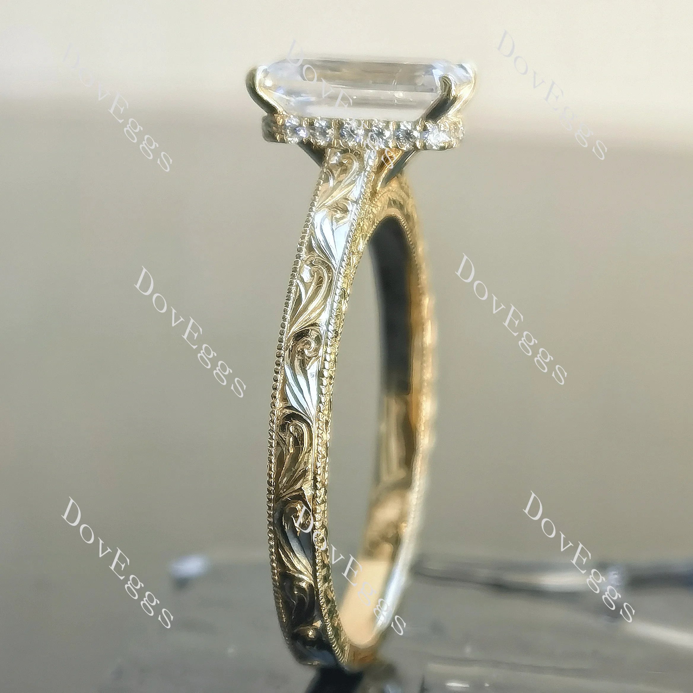 Emerald carved hidden halo moissanite engagement ring| DovEggs