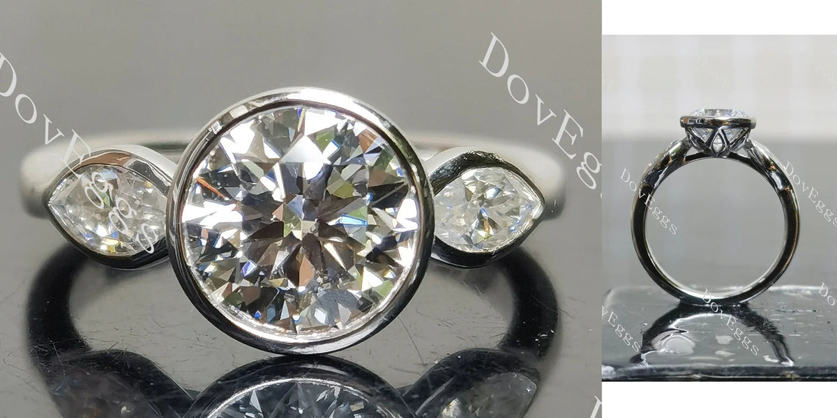 Angelina-Round bezel three stones lab diamond engagement ring only semi-mount only(Exclusively to DovEggs Stones)