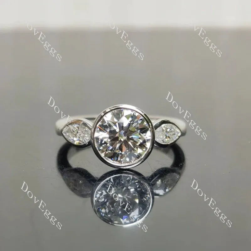 Angelina-Round bezel three stones lab diamond engagement ring only semi-mount only(Exclusively to DovEggs Stones)