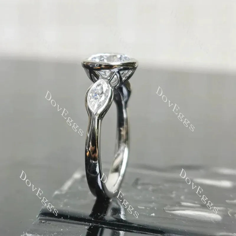 Angelina-Round bezel three stones lab diamond engagement ring only semi-mount only(Exclusively to DovEggs Stones)