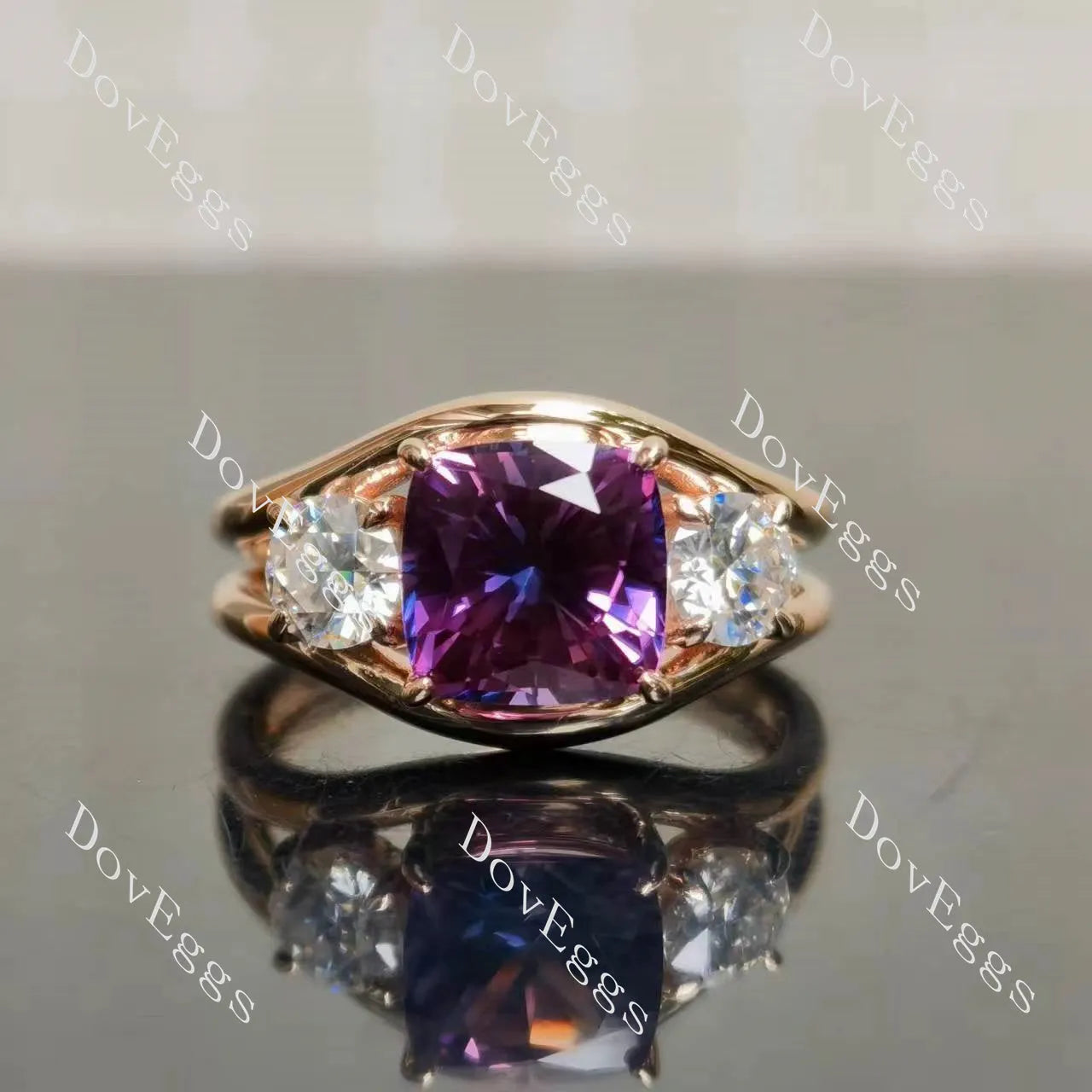 Jadea-Cushion split shanks three stones colored gem engagement ring| DovEggs