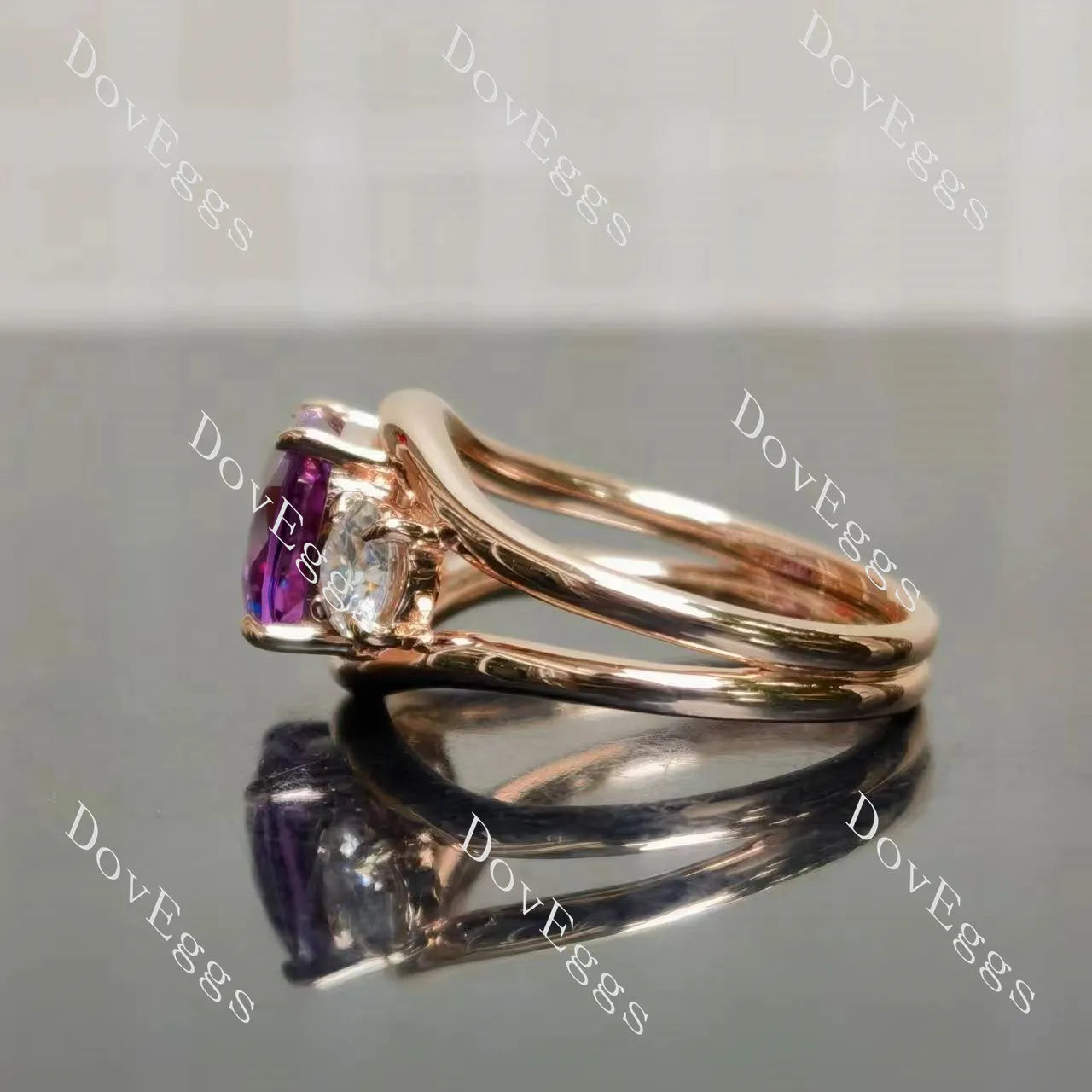 Jadea-Cushion split shanks three stones colored gem engagement ring| DovEggs