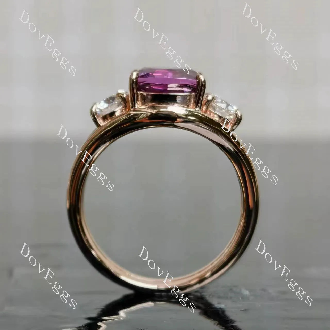 Jadea-Cushion split shanks three stones colored gem engagement ring| DovEggs
