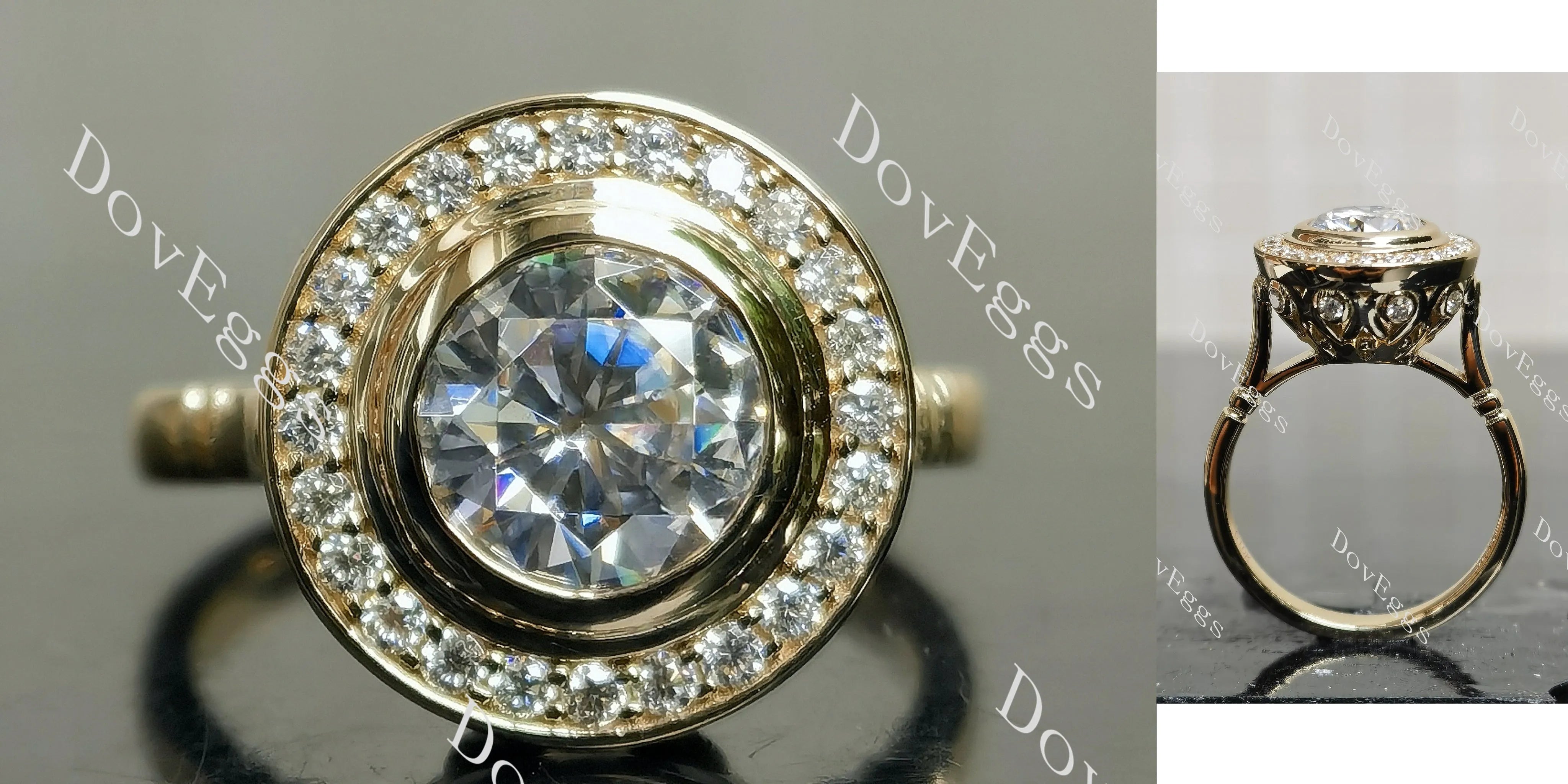 Round halo vintage delicate moissanite engagement ring| DovEggs