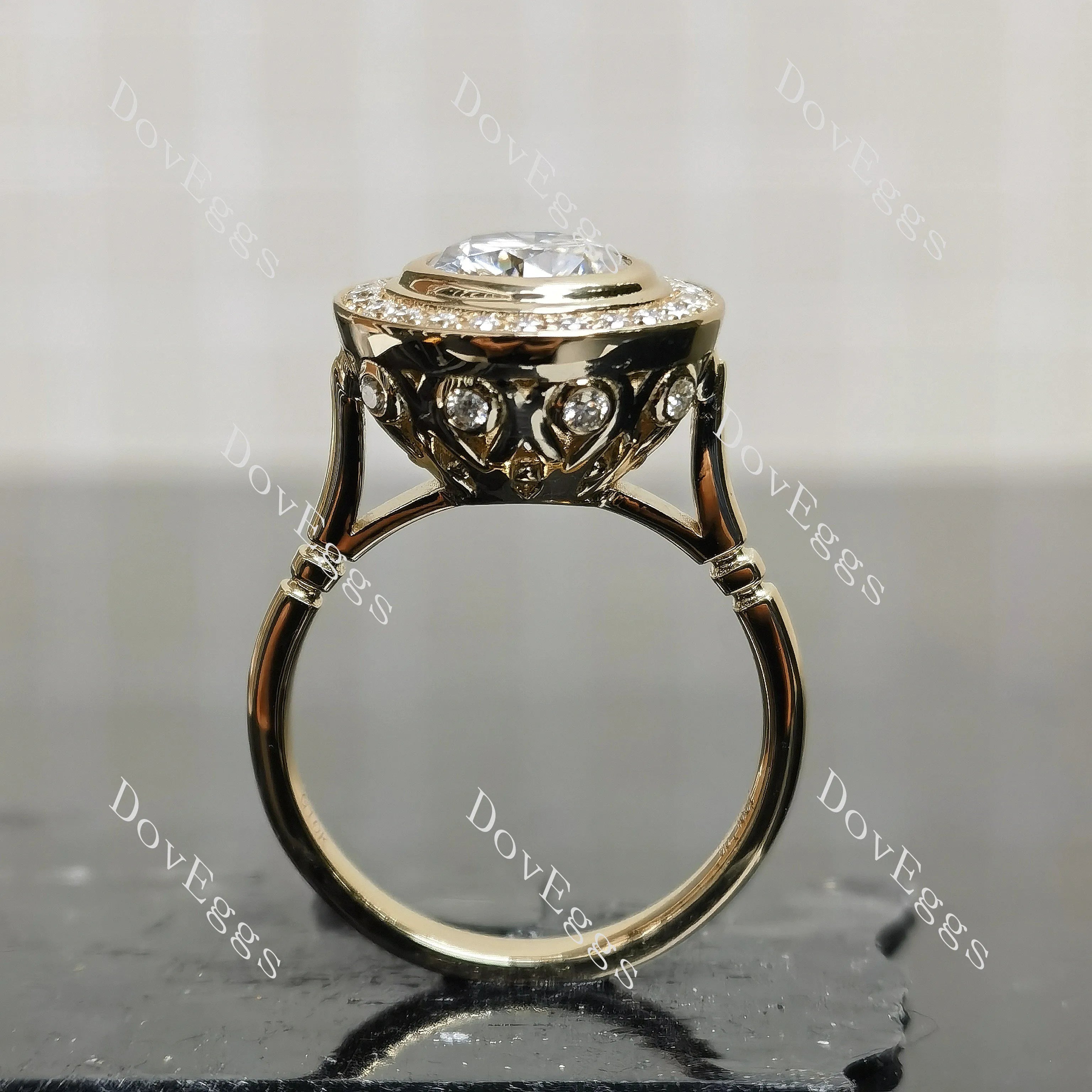 Round halo vintage delicate moissanite engagement ring| DovEggs