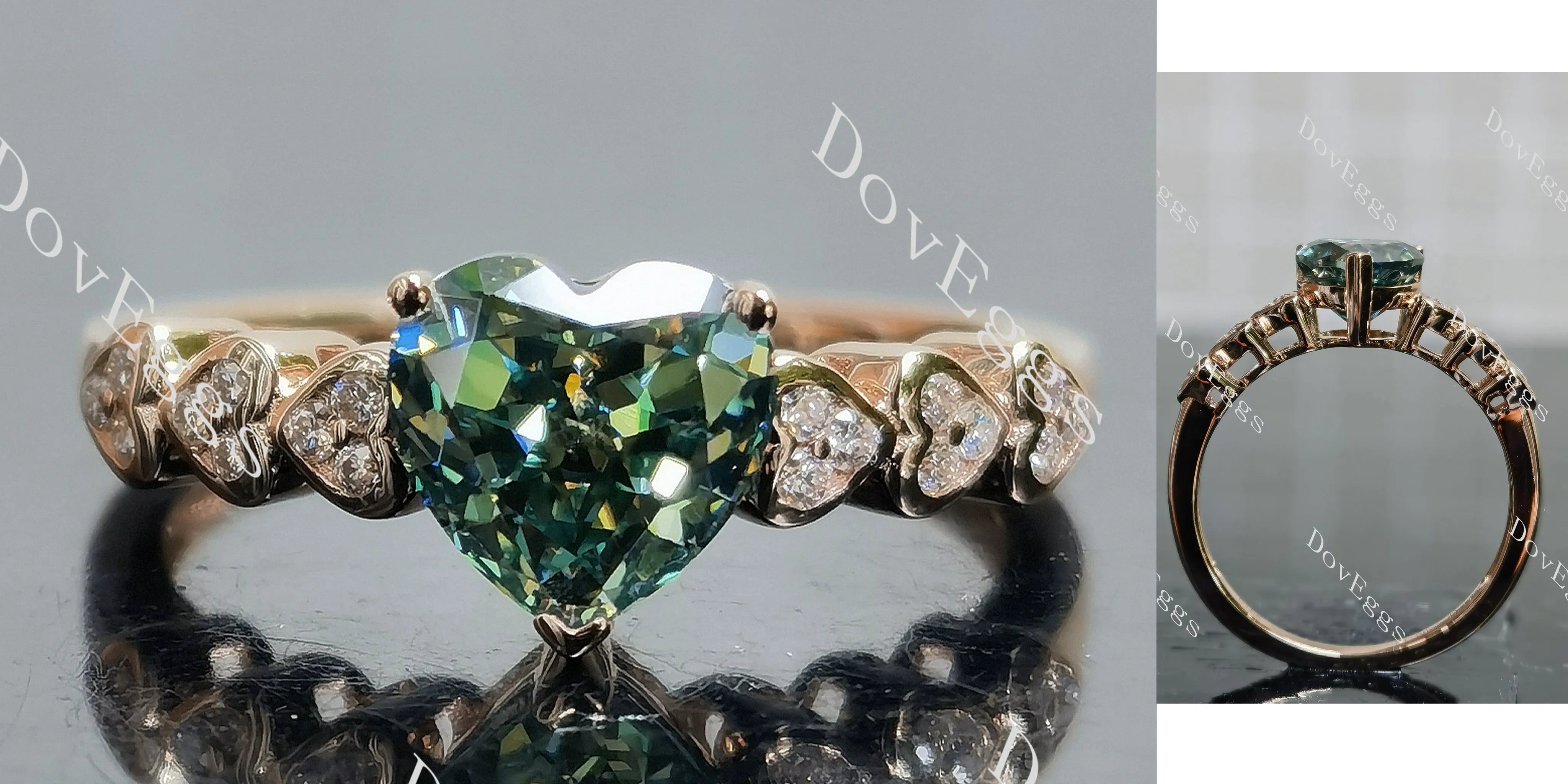 Heart side stones colored moissanite engagement ring| DovEggs