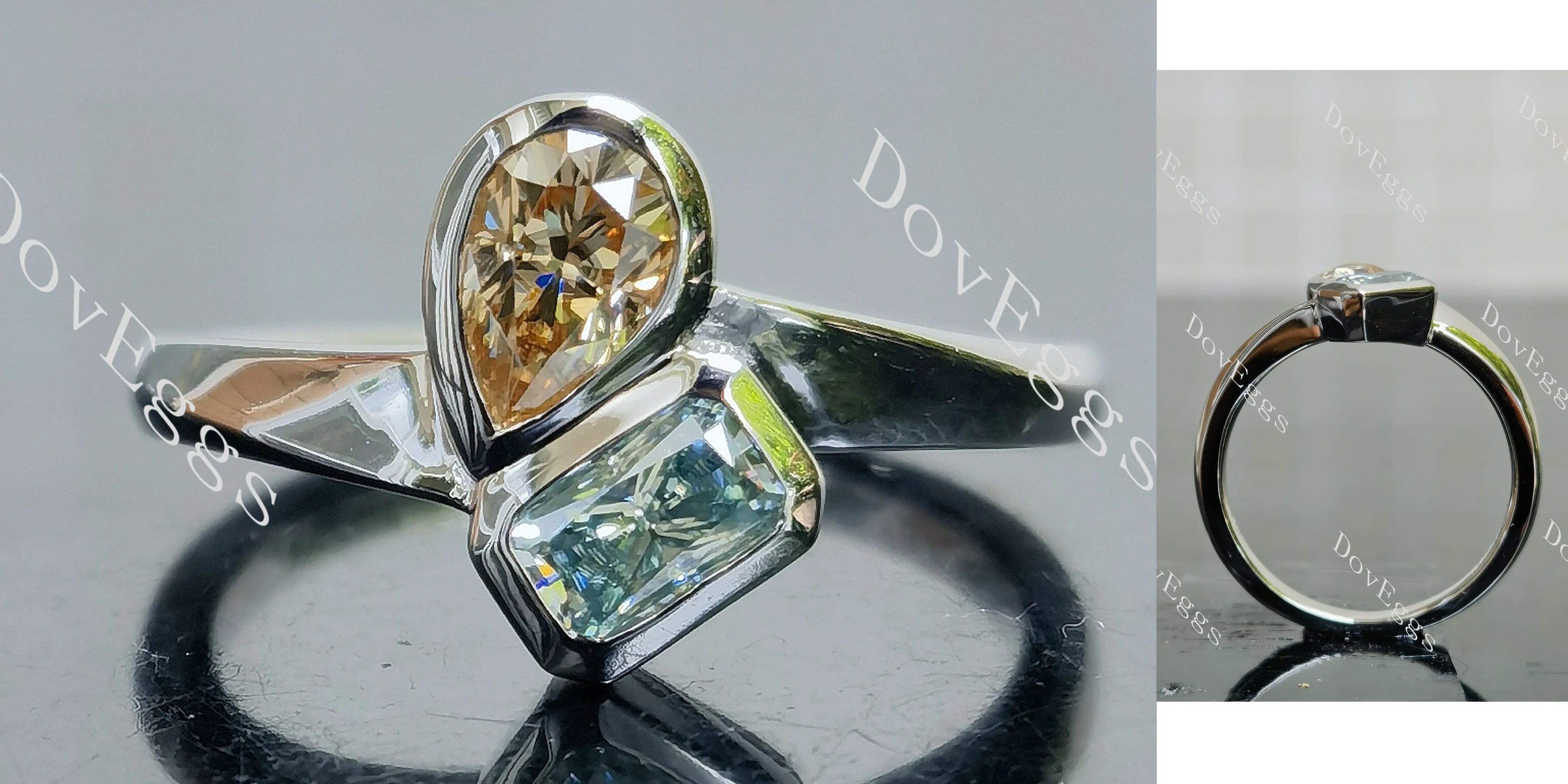Radiant pear bezel two stones colored moissanite engagement ring| DovEggs
