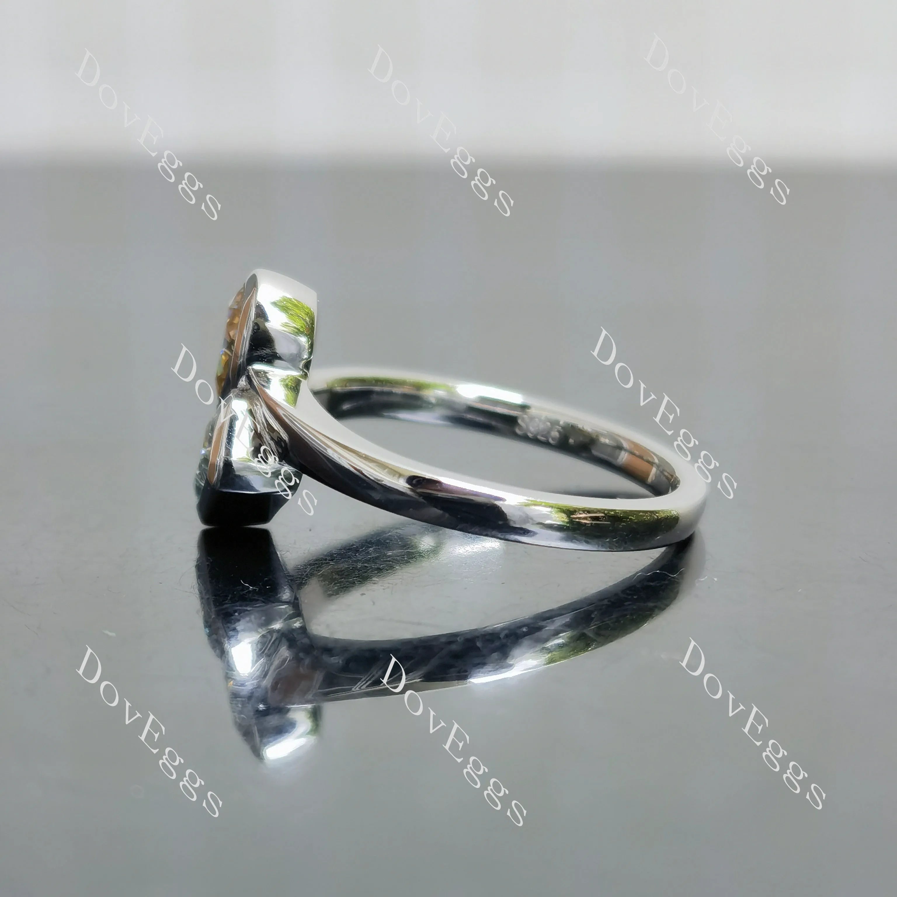 Radiant pear bezel two stones colored moissanite engagement ring| DovEggs