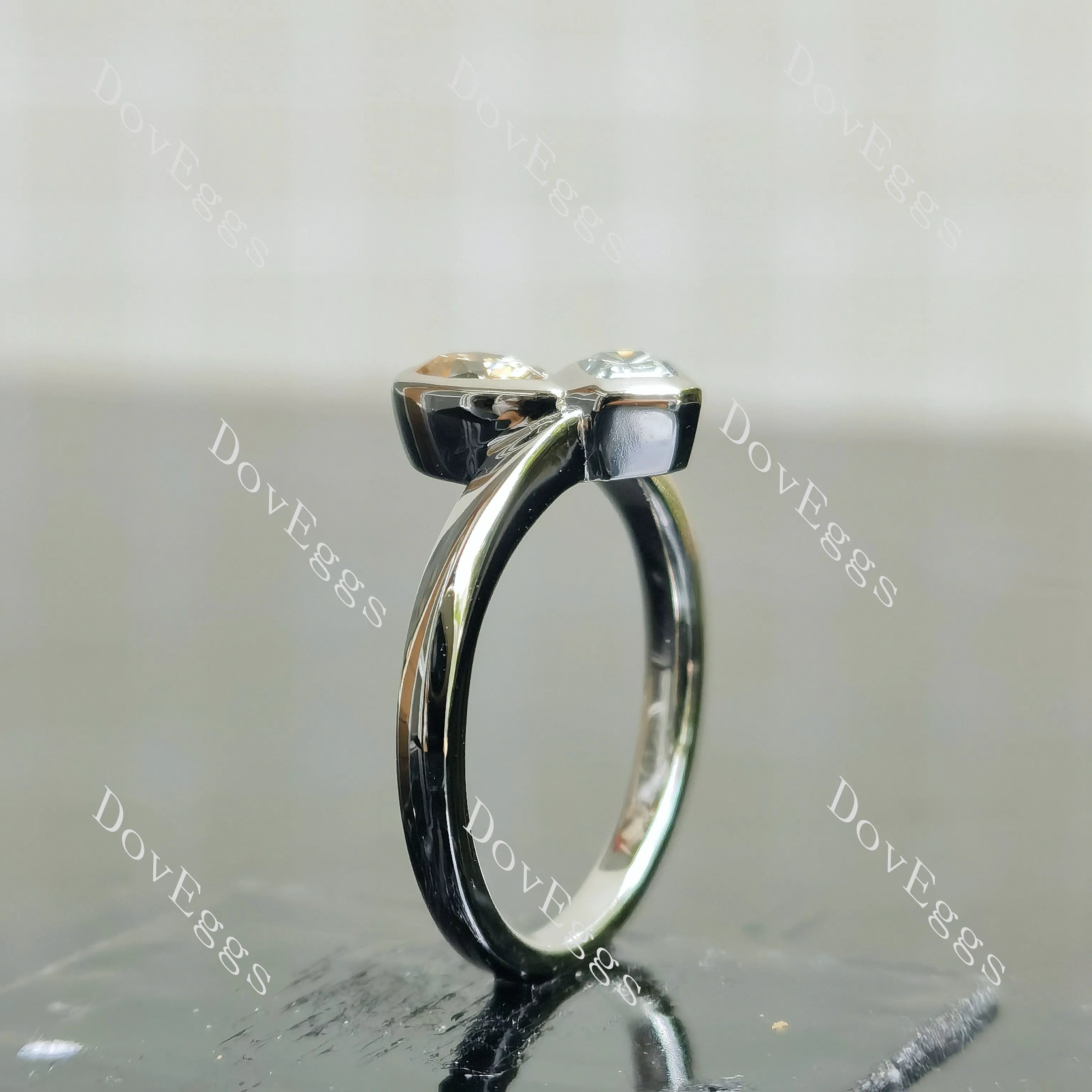Radiant pear bezel two stones colored moissanite engagement ring| DovEggs