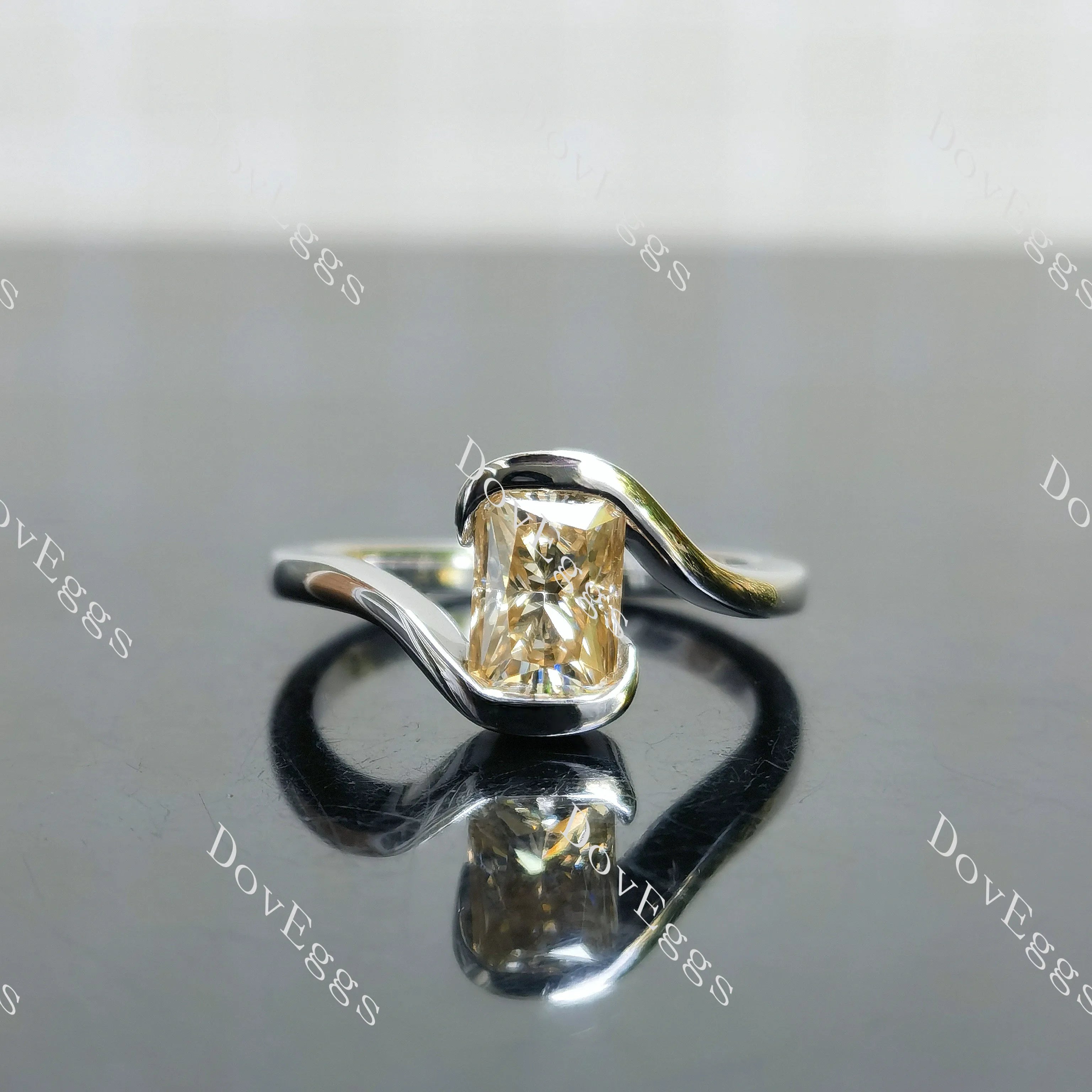 Radiant bezel solitaire colored moissanite engagement ring| DovEggs