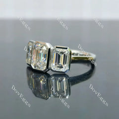Emerald bezel three stones moissanite engagement ring| DovEggs