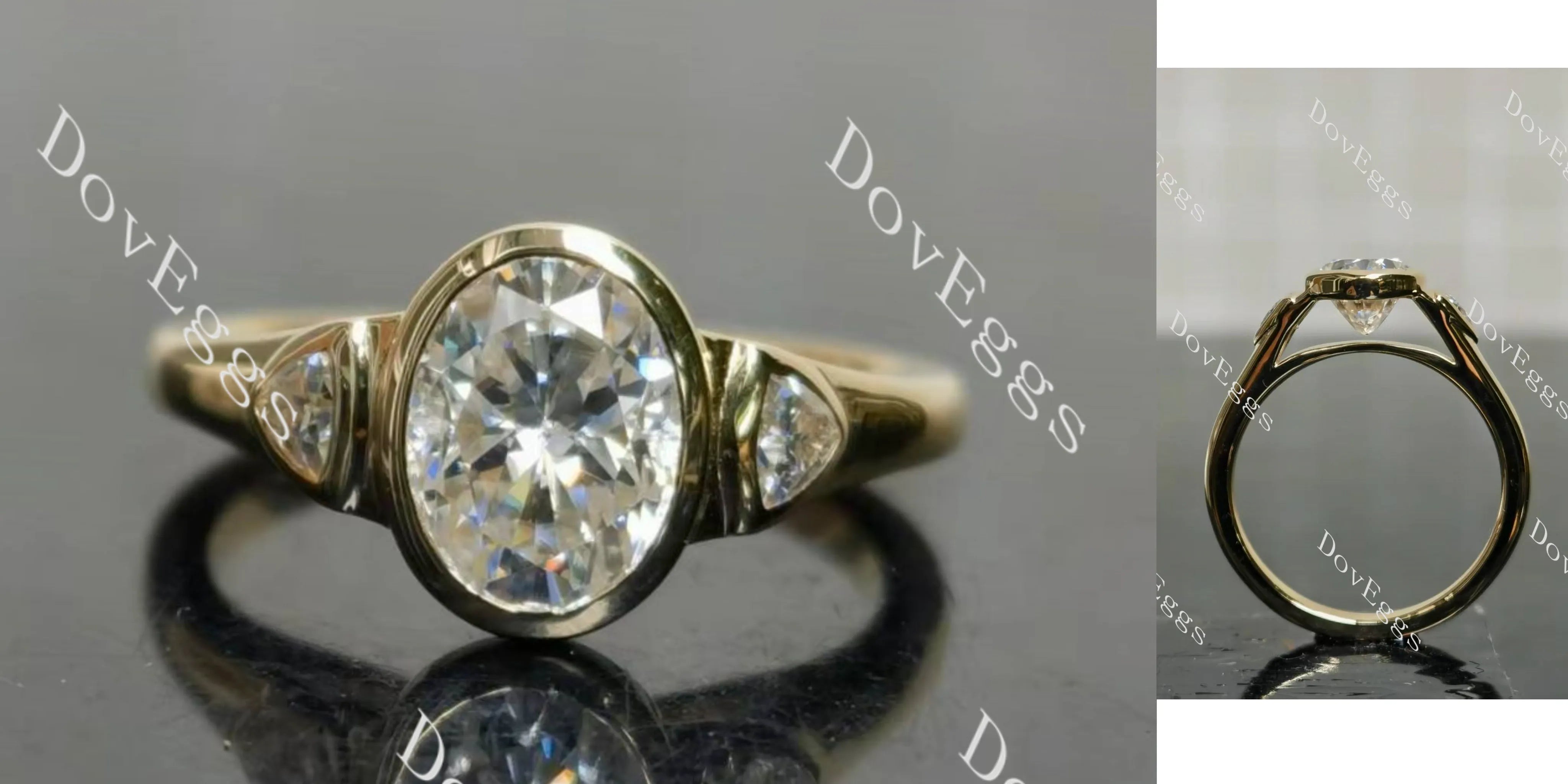 Oval bezel three stones moissanite engagement ring| DovEggs