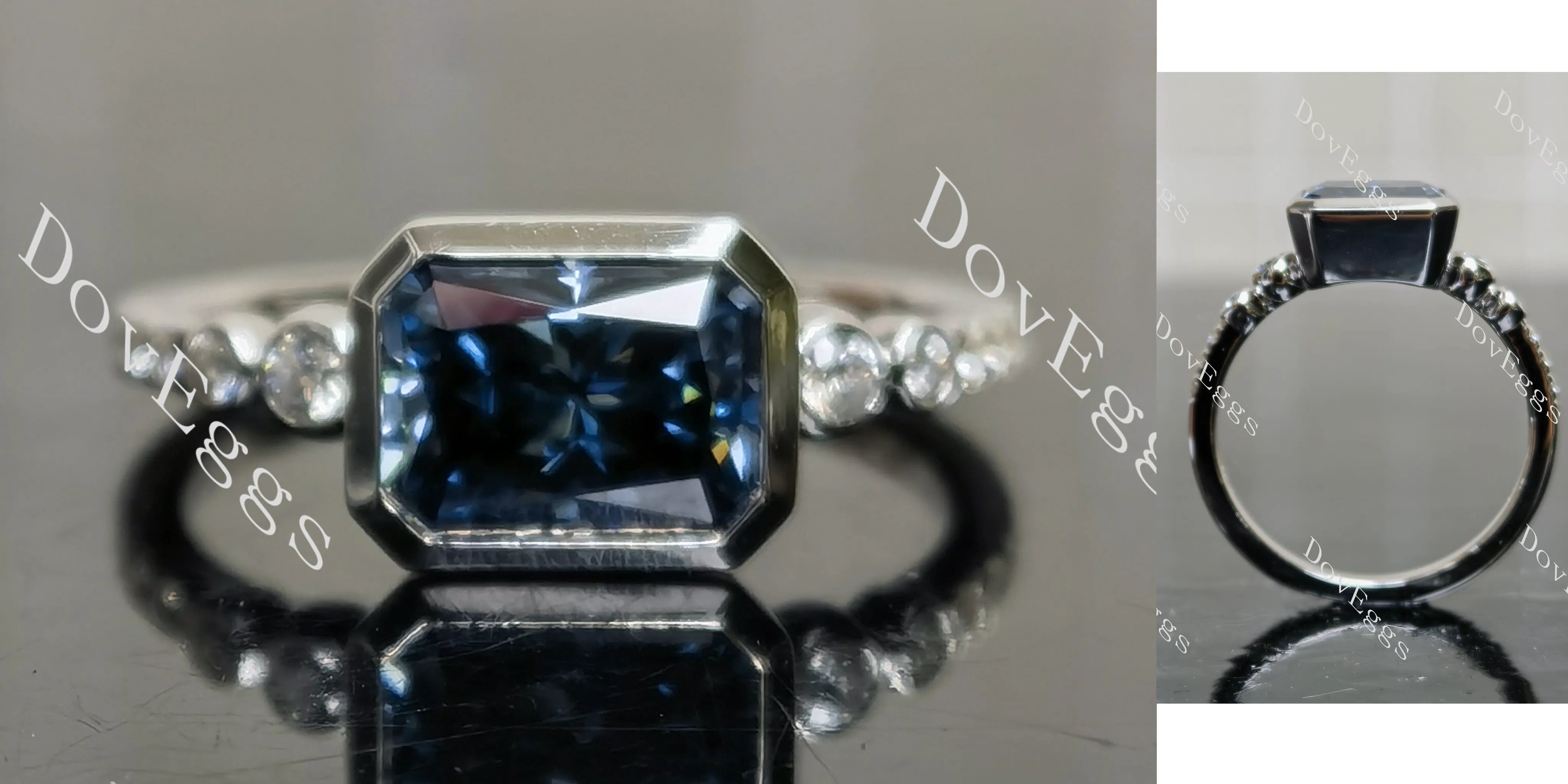 Radiant bezel twilight blue moissanite engagement ring| Doveggs