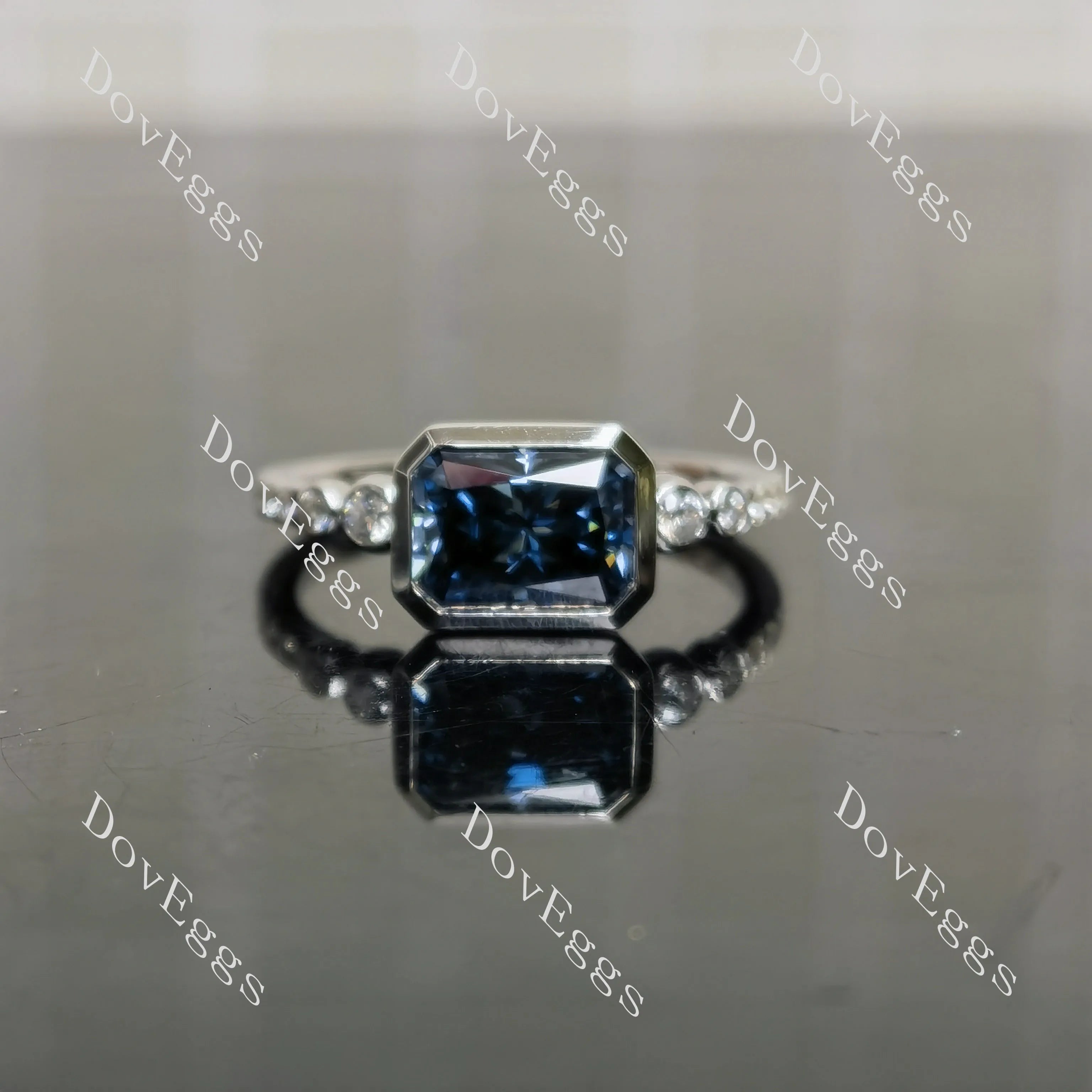 Radiant bezel twilight blue moissanite engagement ring| Doveggs