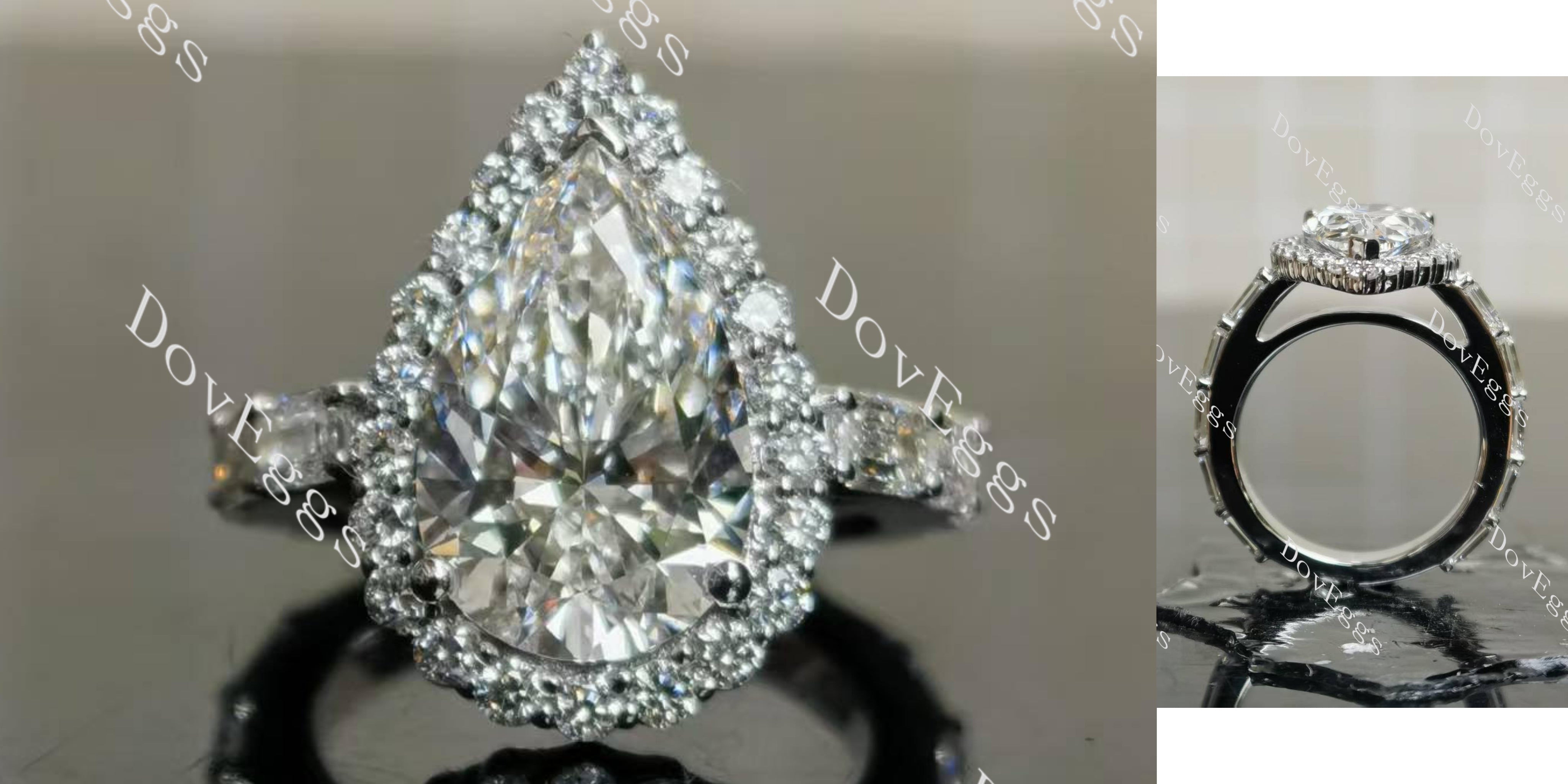 Dean's pear halo pave 3/4 eternity moissanite engagement ring | Doveggs