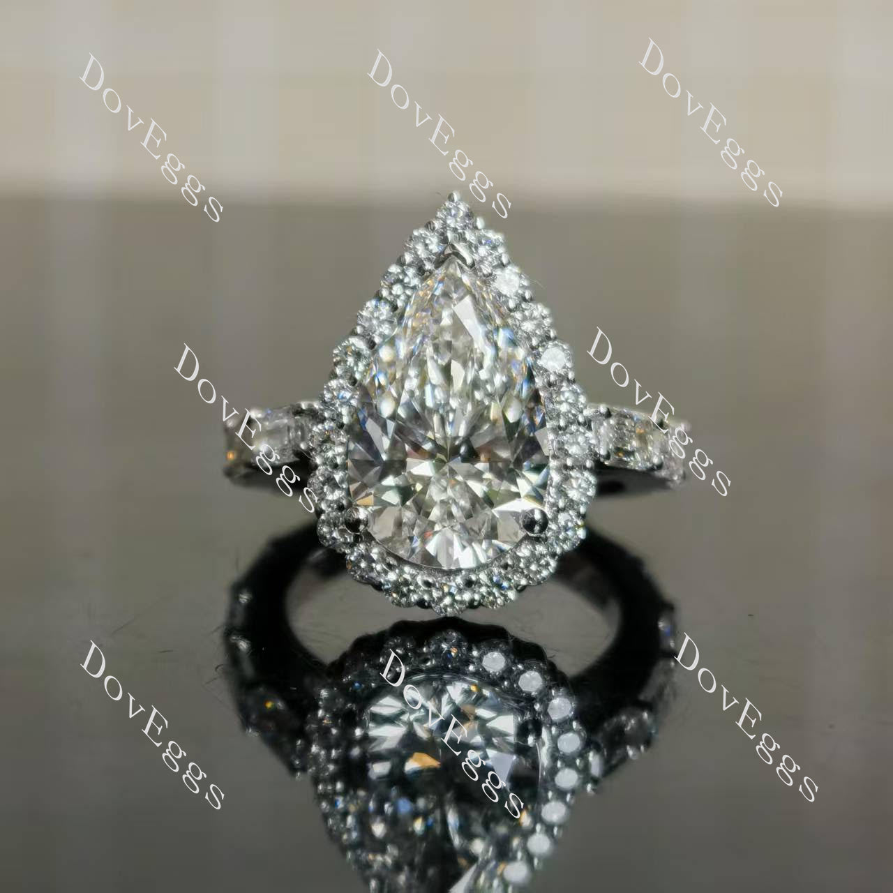 Dean's pear halo pave 3/4 eternity moissanite engagement ring | Doveggs