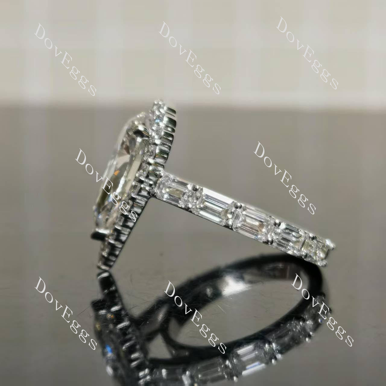 Dean's pear halo pave 3/4 eternity moissanite engagement ring | Doveggs