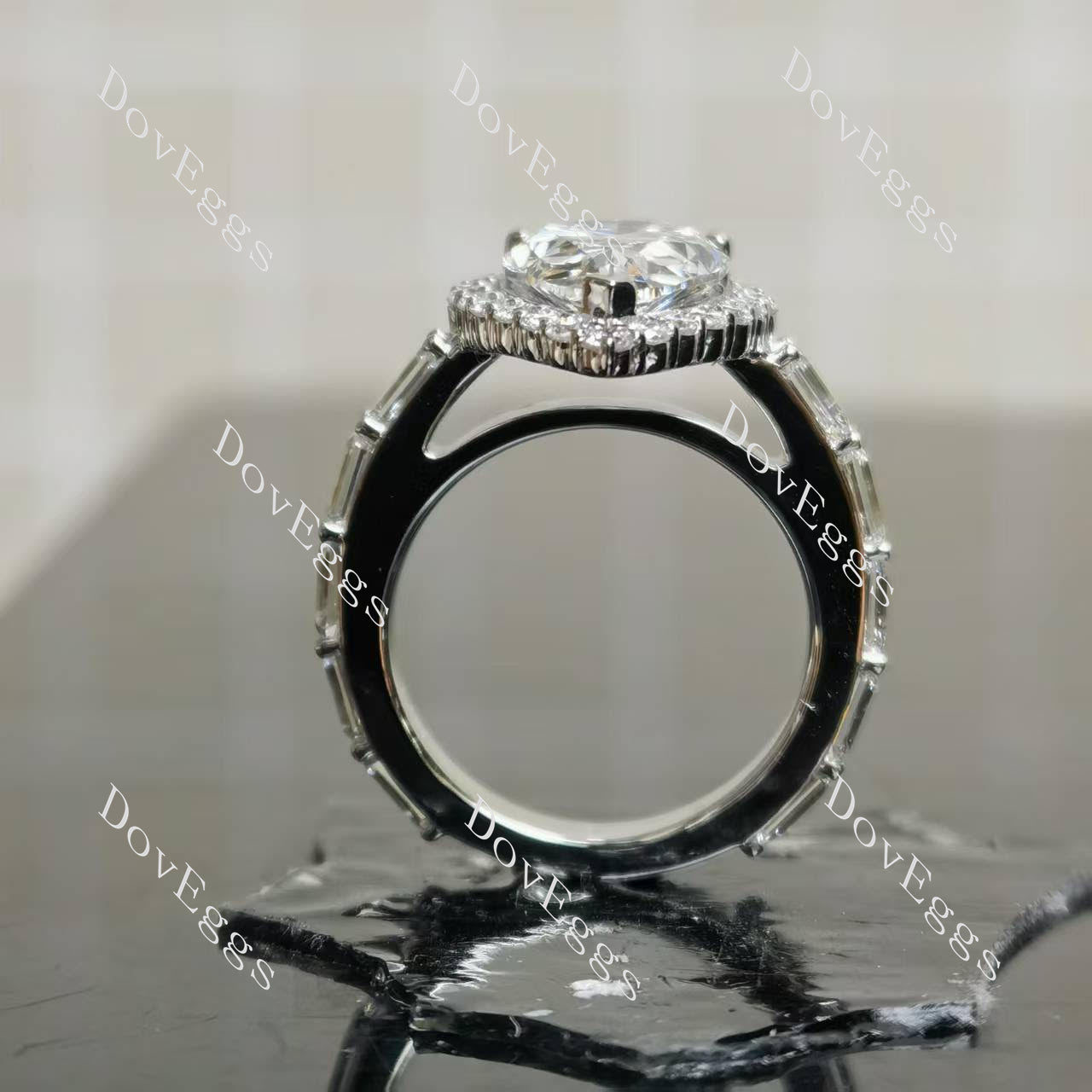 Dean's pear halo pave 3/4 eternity moissanite engagement ring | Doveggs