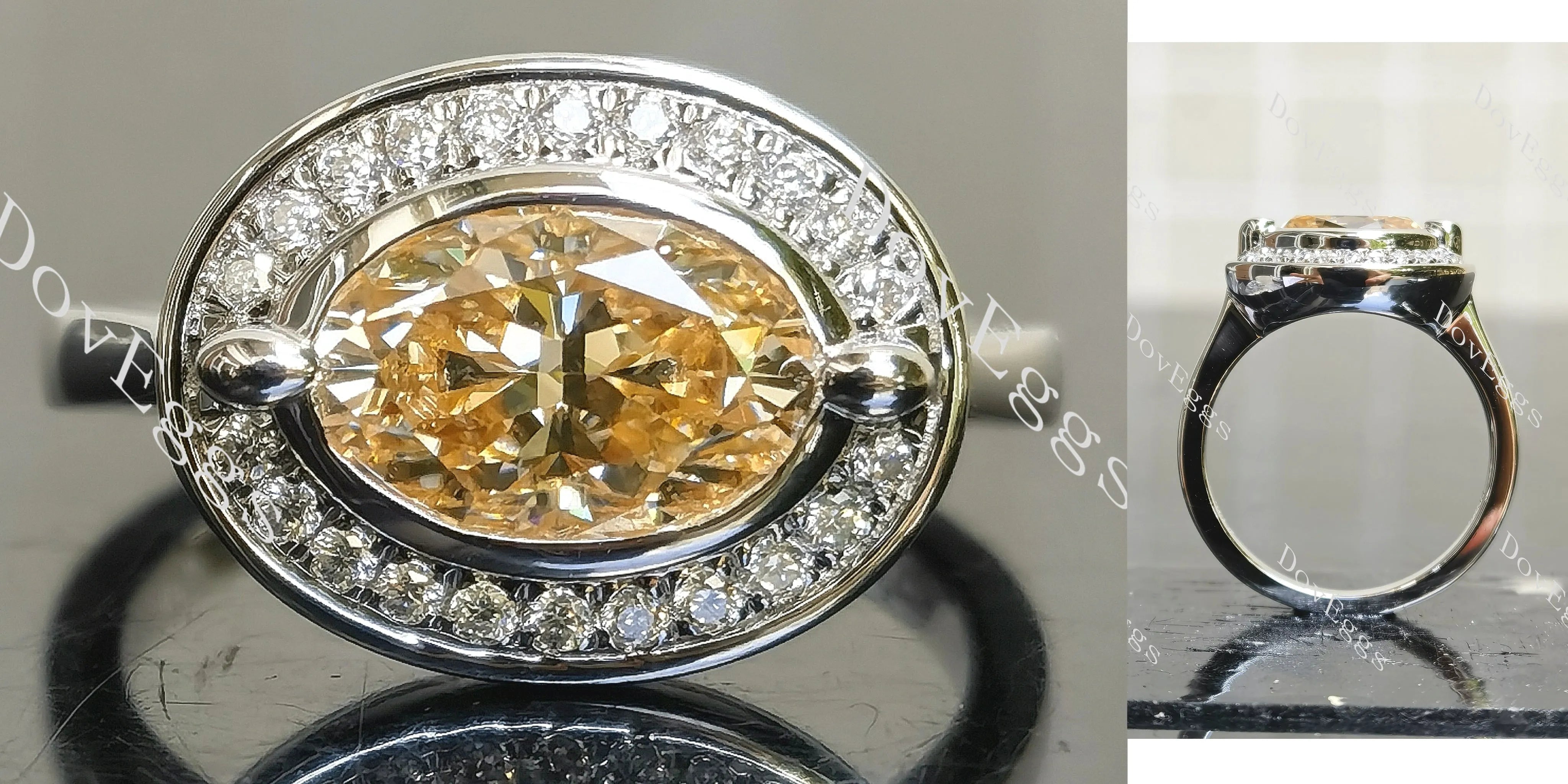 Oval bezel halo colored moissanite engagement ring| Doveggs