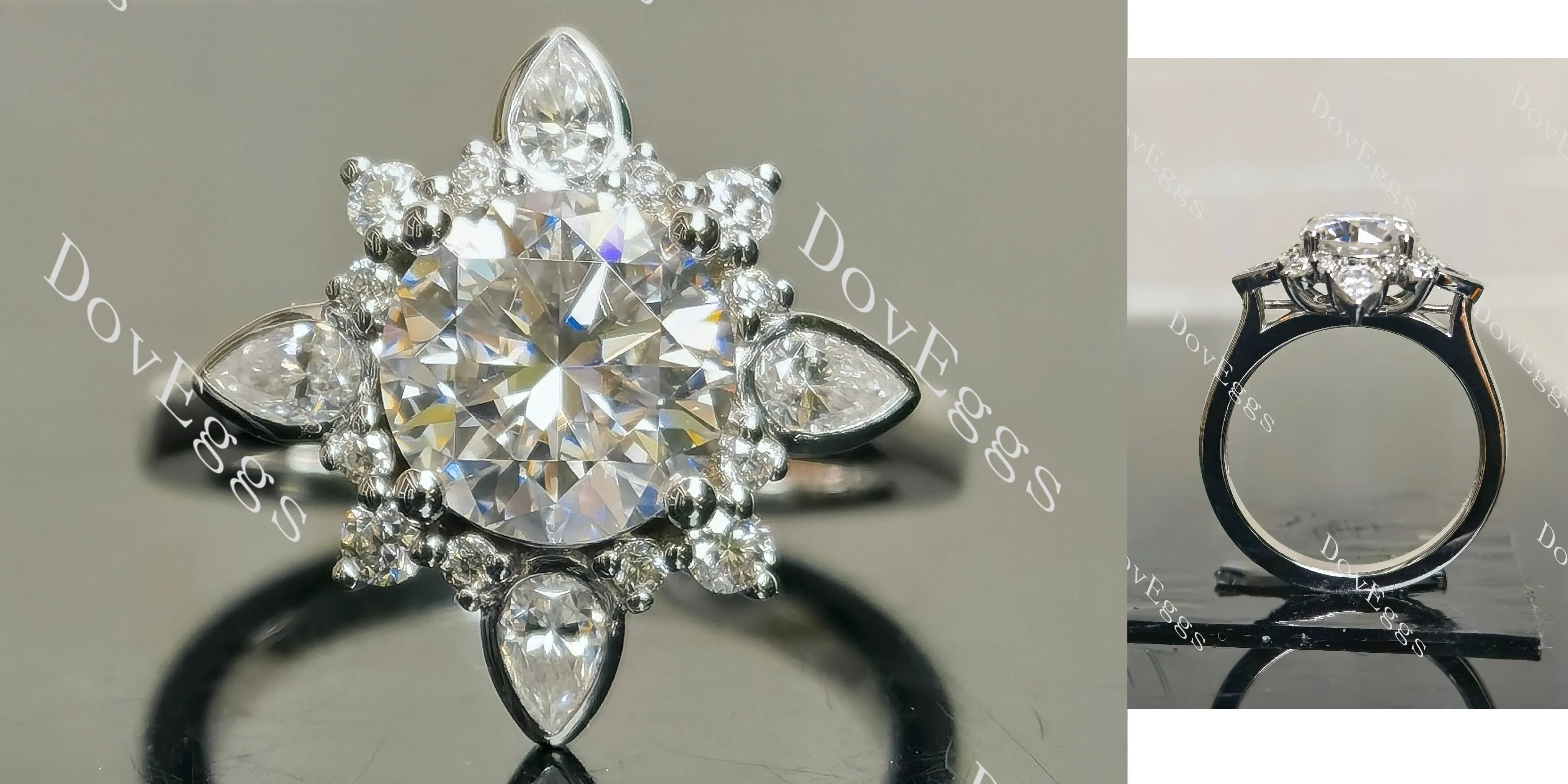 Round art deco floral moissanite engagement ring| DovEggs