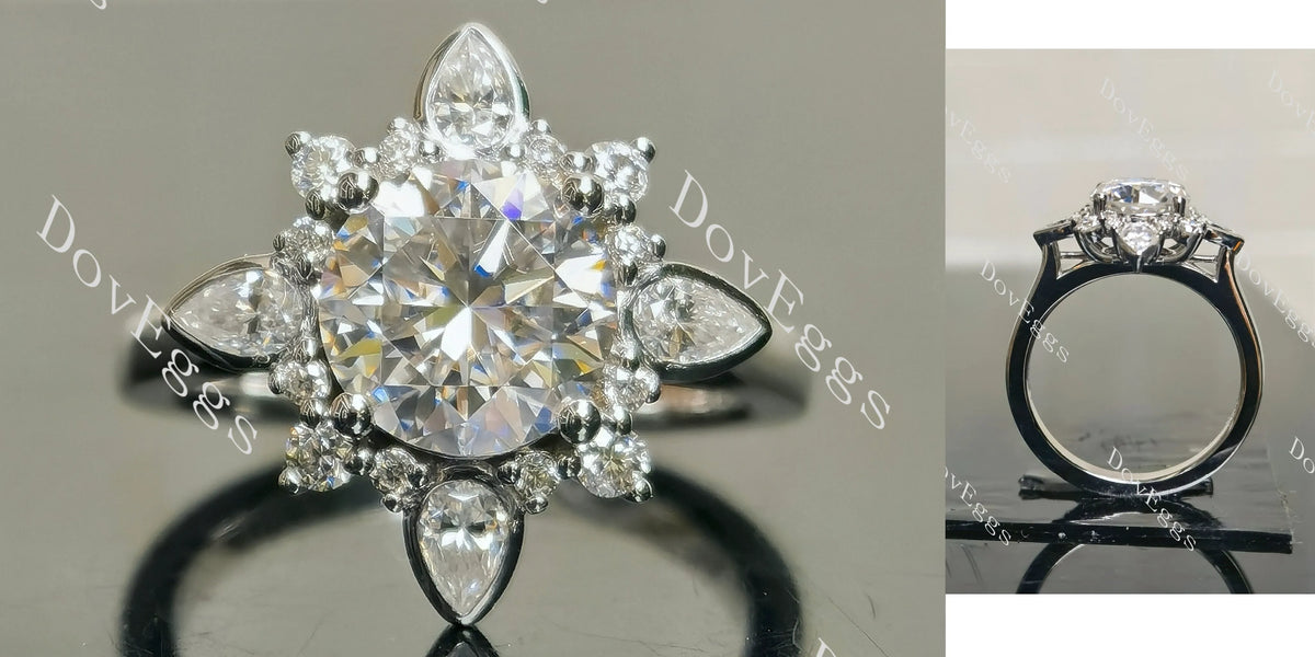 Round art deco floral moissanite engagement ring| DovEggs