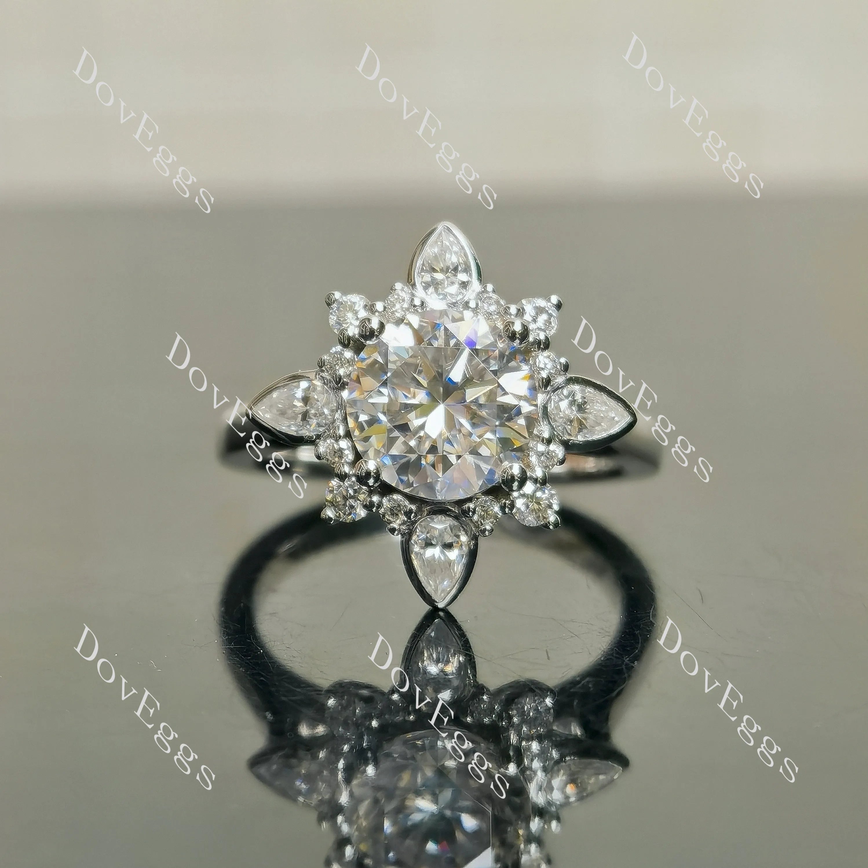 Round art deco floral moissanite engagement ring| DovEggs