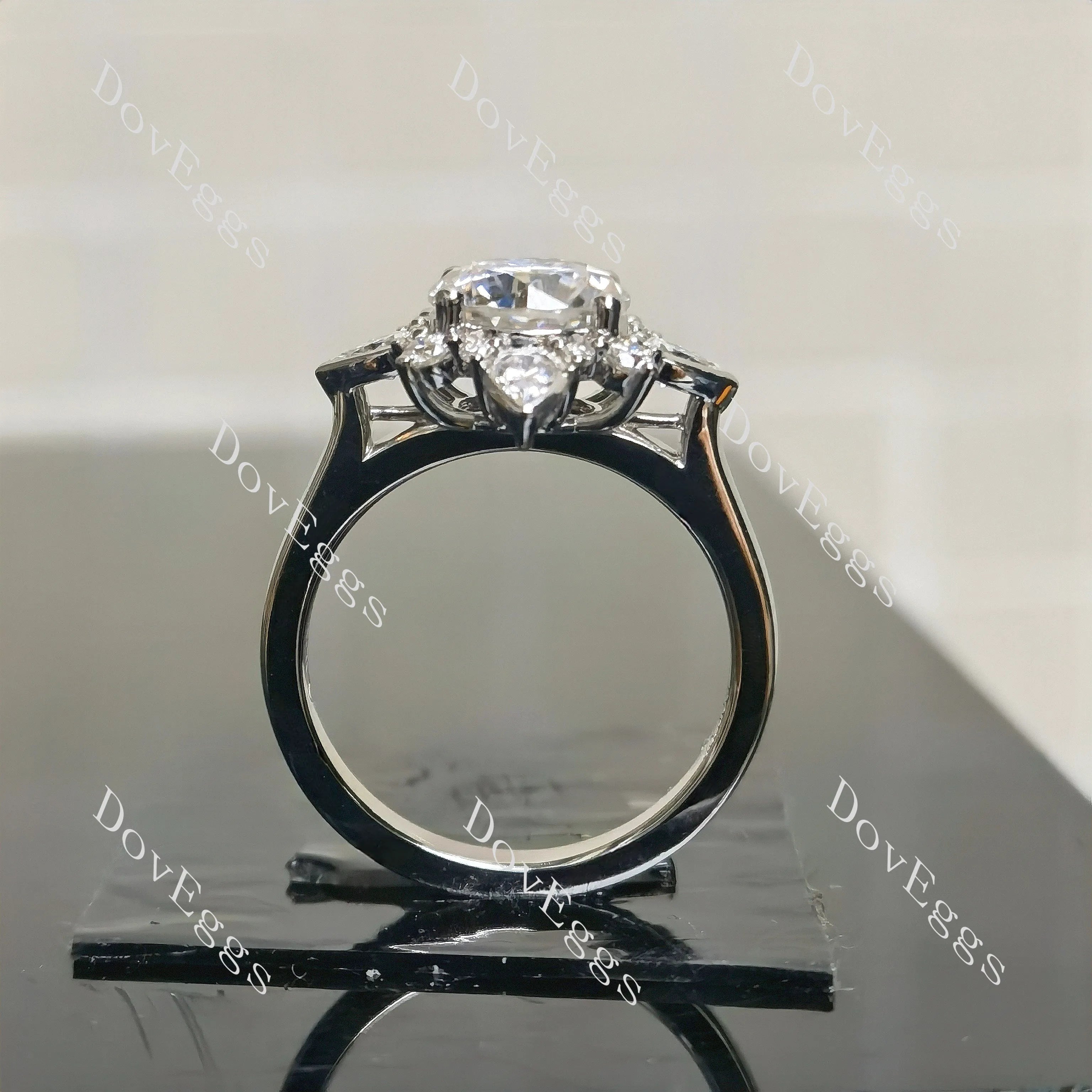 Round art deco floral moissanite engagement ring| DovEggs
