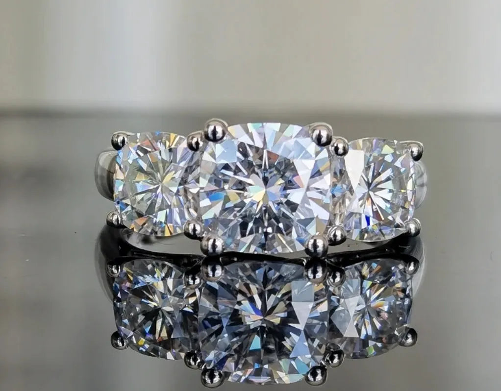 Bemyringsister 3 stone(1ct-1.5ct-1ct) cushion moissanite ring solid 10k white gold