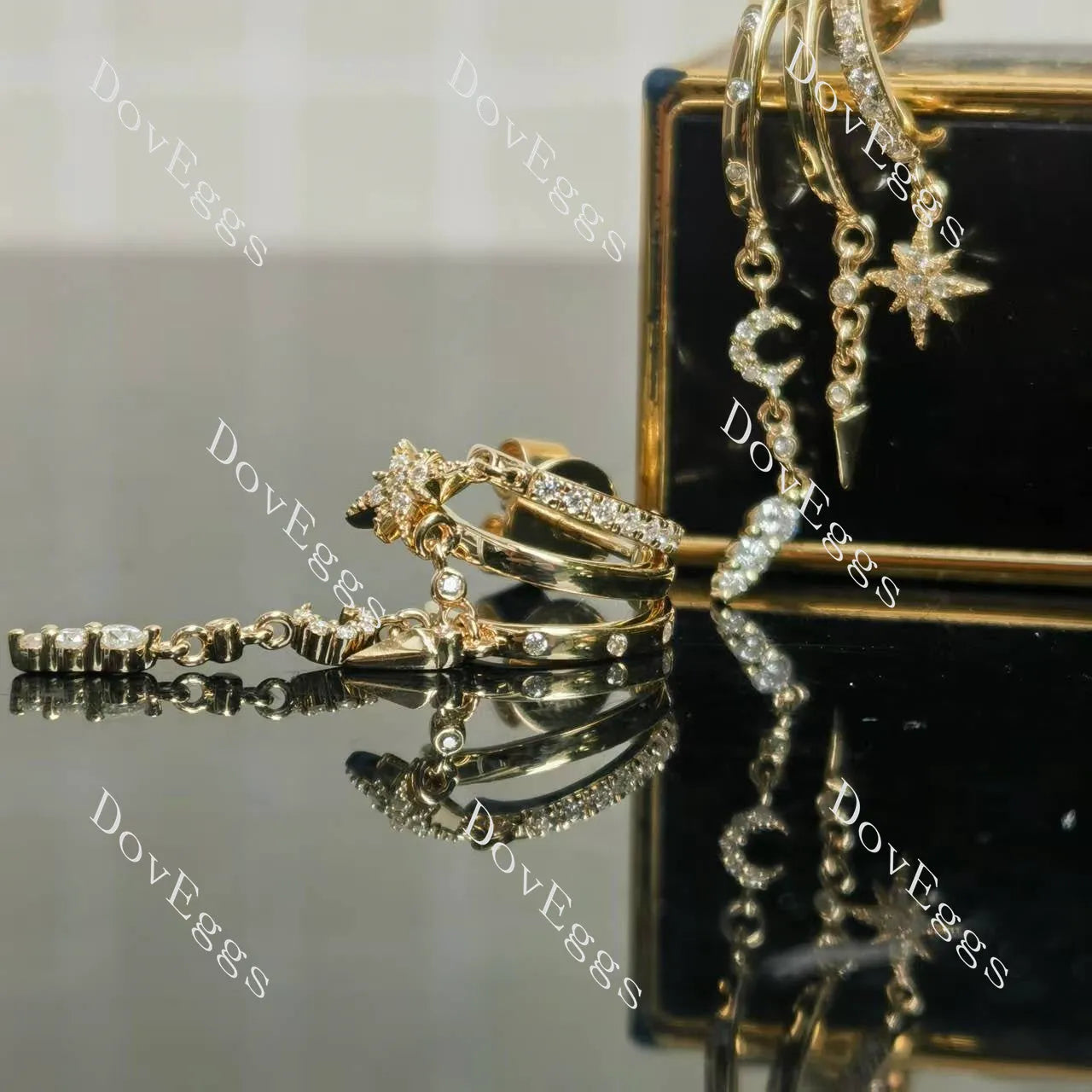 Star & Moon round moissanite drop earrings| Doveggs