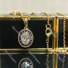 Oval bezel halo moissanite pendant necklace (pendant only)| Doveggs
