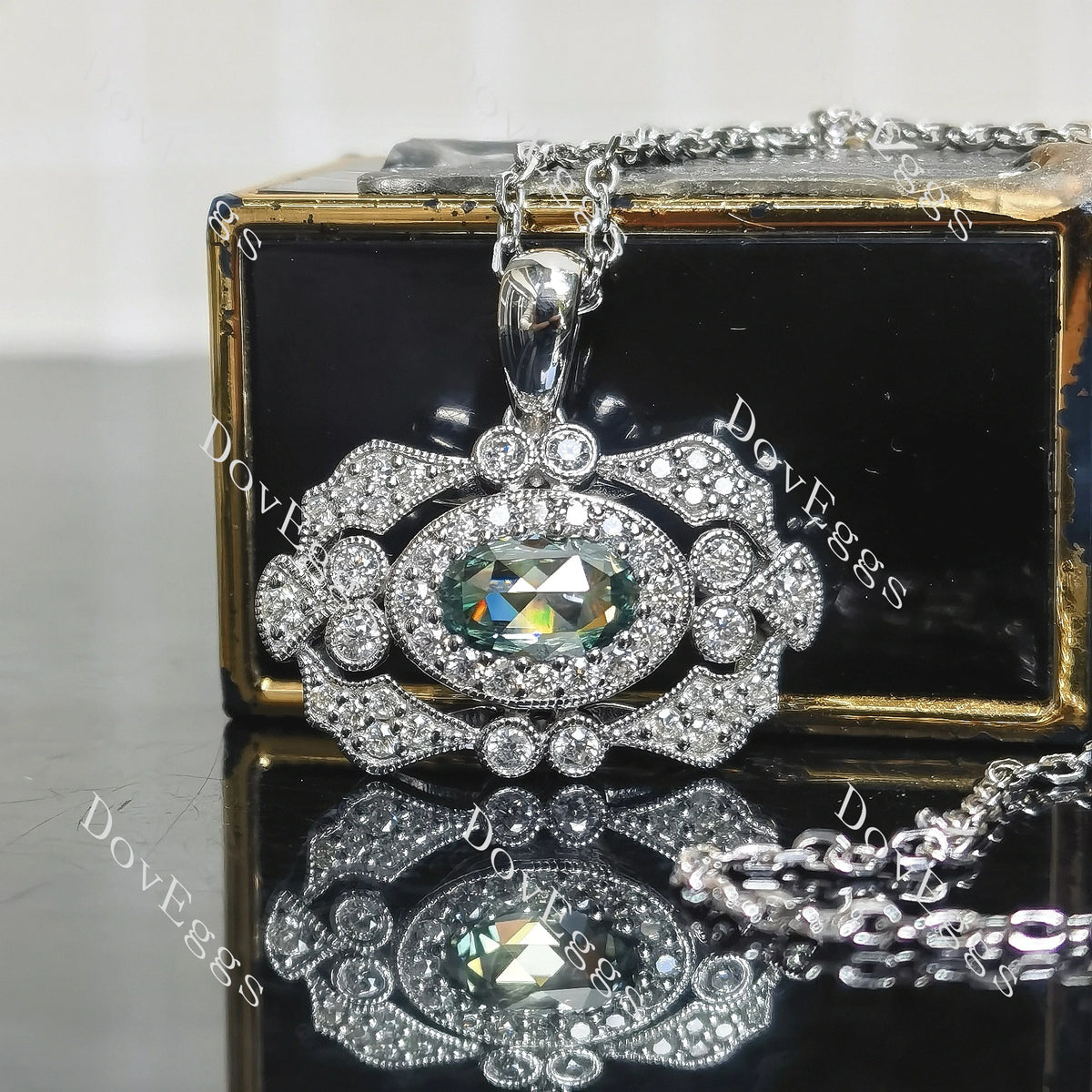 Maryanne’s-Oval art deco halo rose cut moissnaite pendant necklace (pendant only)| Doveggs