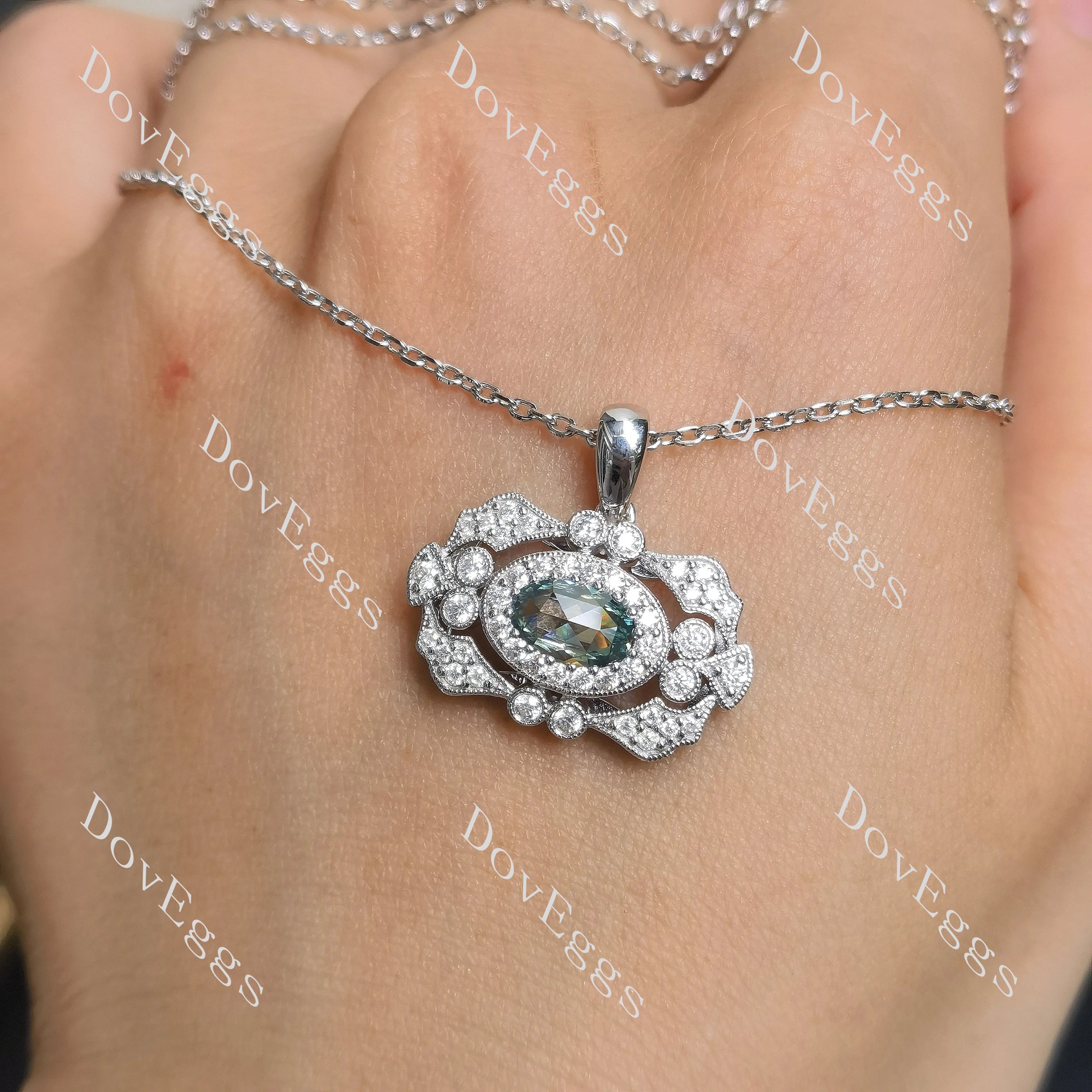 Maryanne’s-Oval art deco halo rose cut moissnaite pendant necklace (pendant only)| Doveggs
