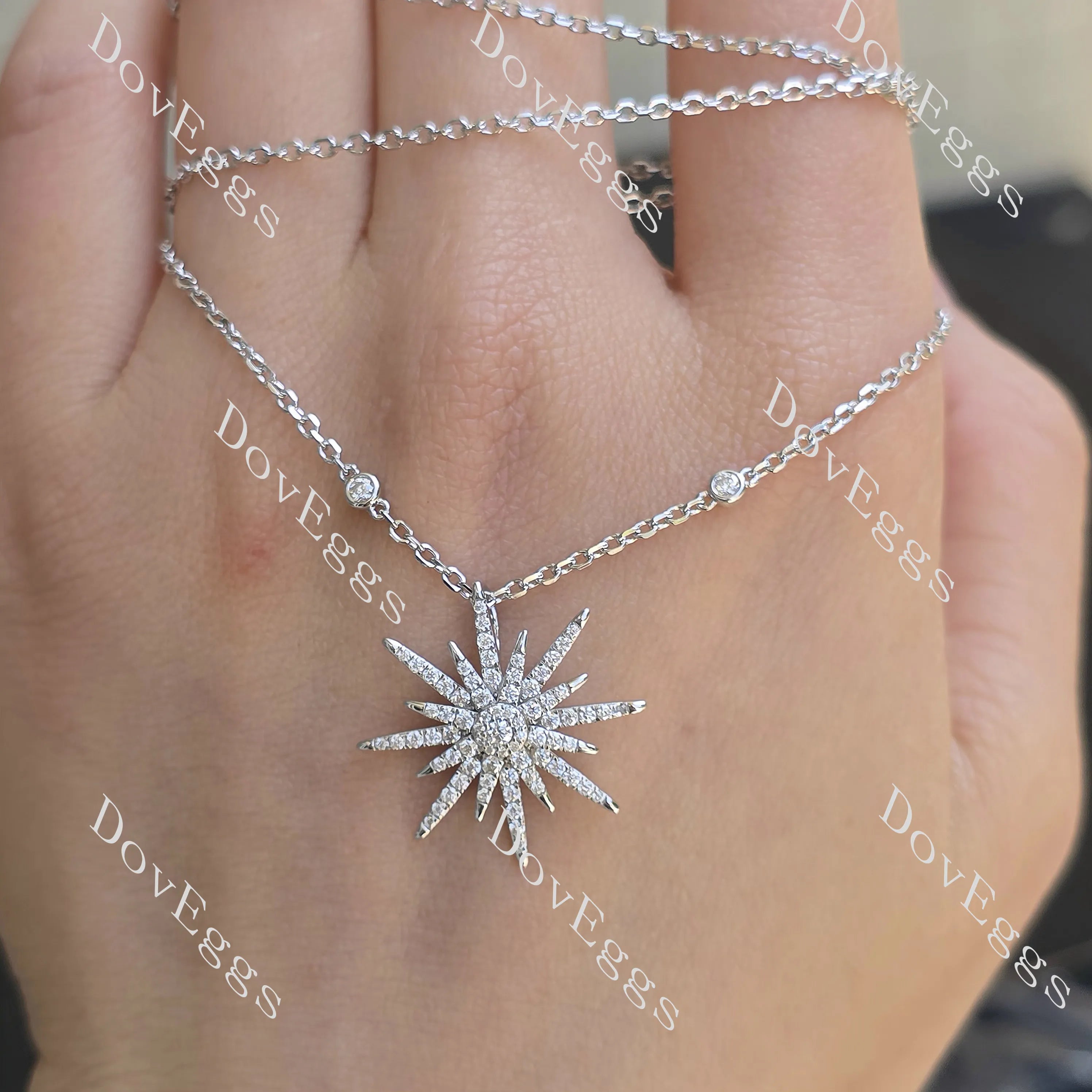 Starburst round moissanite pendant necklace with 18"+2" length chain| Doveggs