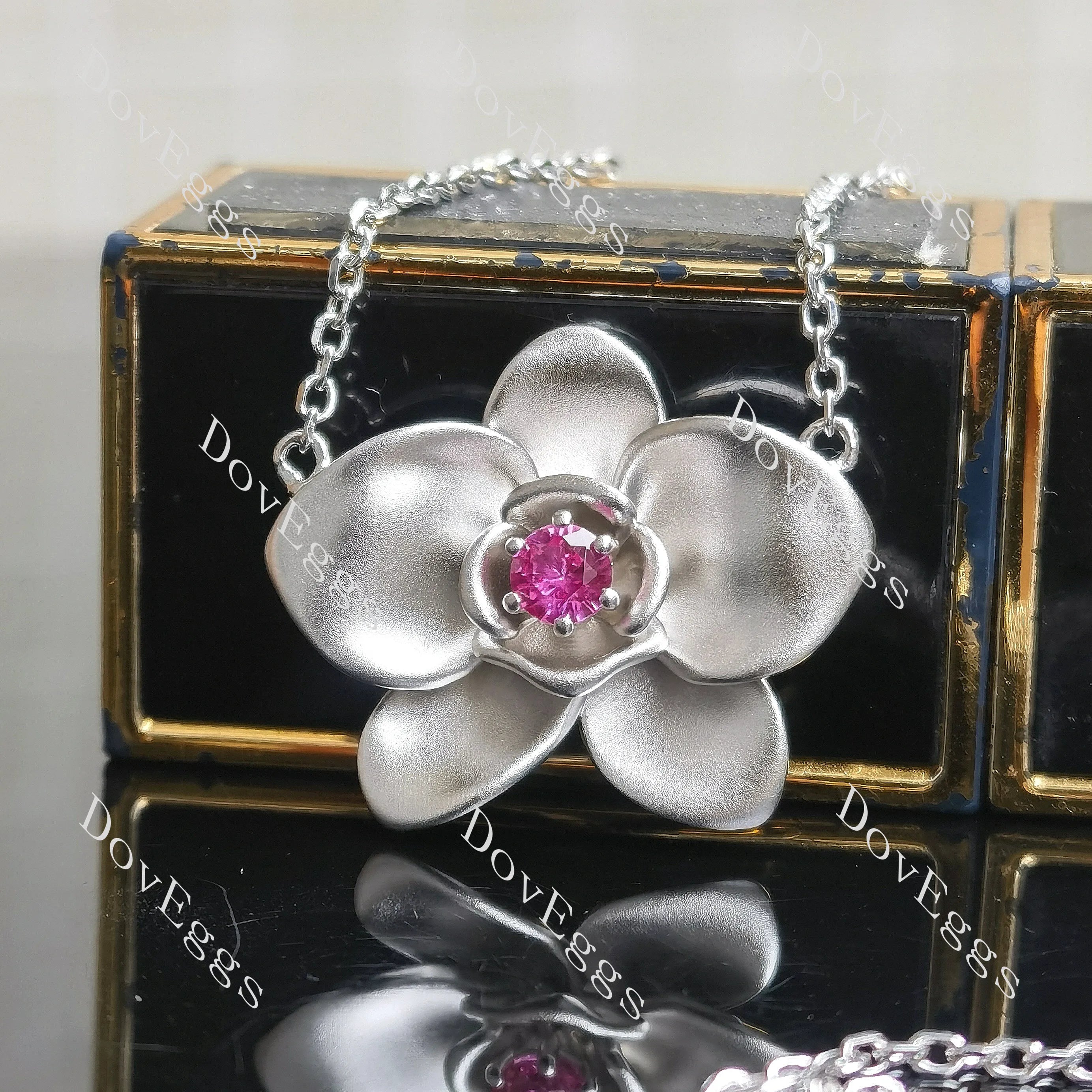 Round orchid flower matte effect colored gem pendant necklace with 18"+2" length chain| Doveggs