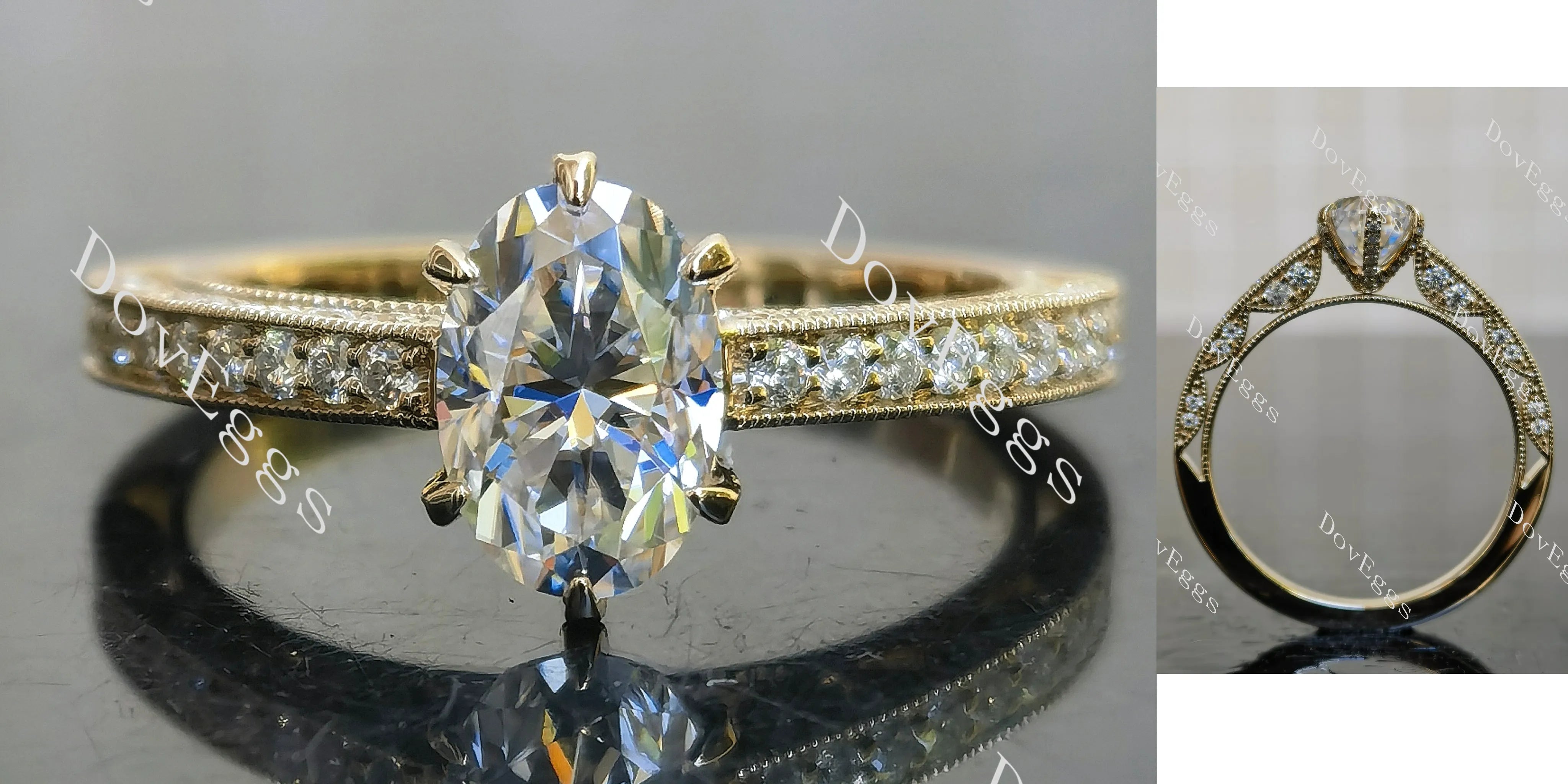 Oval vintage pave moissanite engagement ring| DovEggs